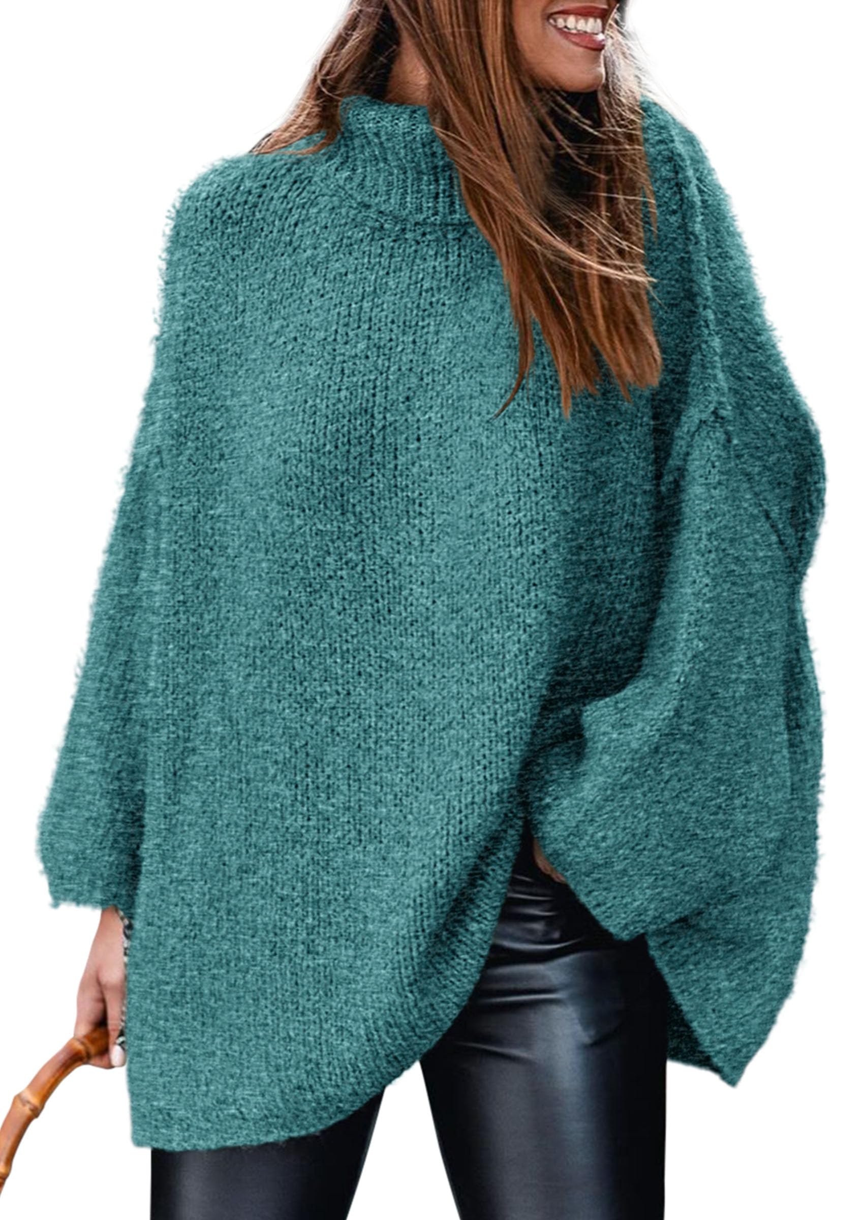 Womens Turtleneck Long Sleeve Oversized Sweaters,Teal,S