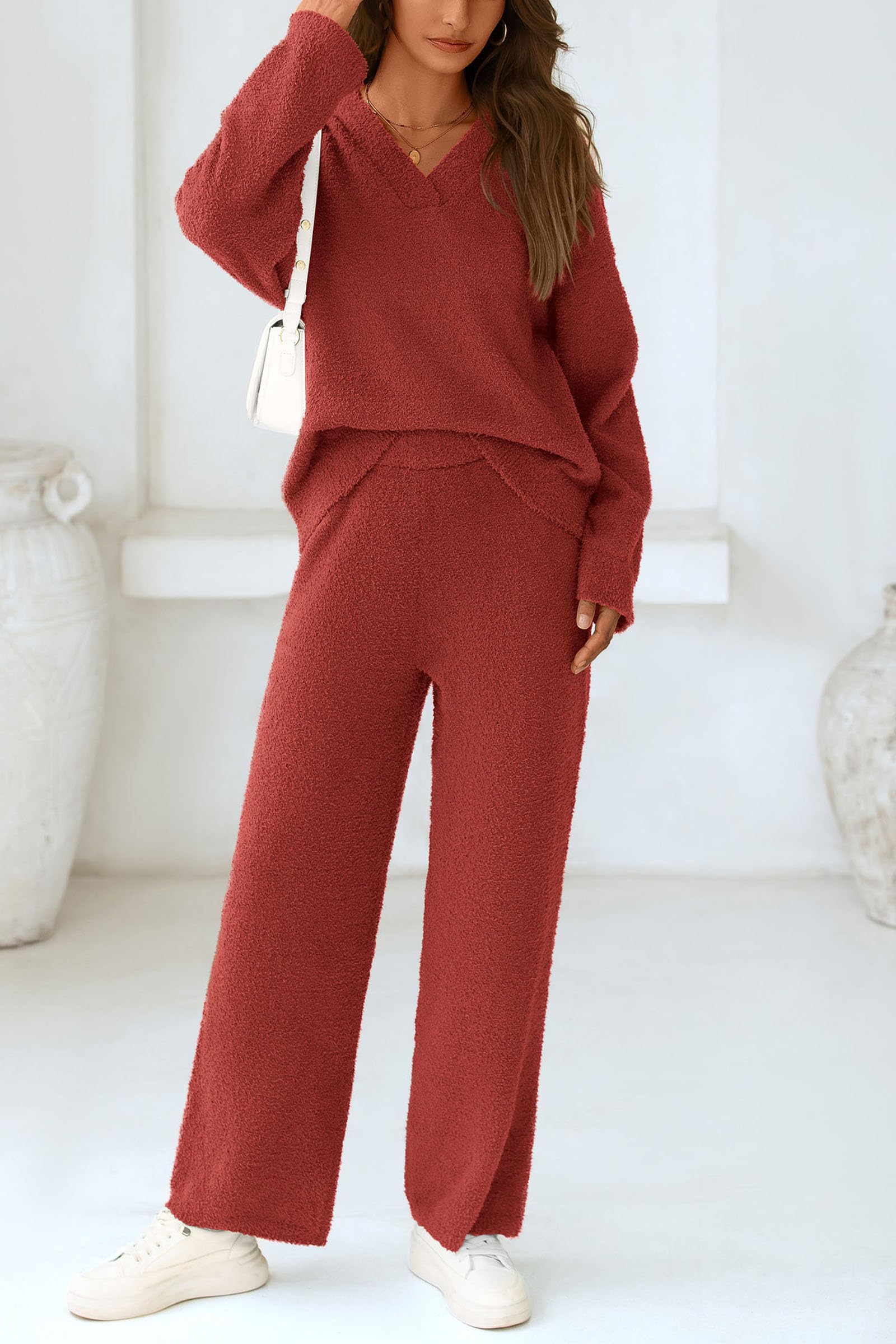 Lounge Sets for Women Fall 2 Piece Fuzzy Sweater Pajama Set