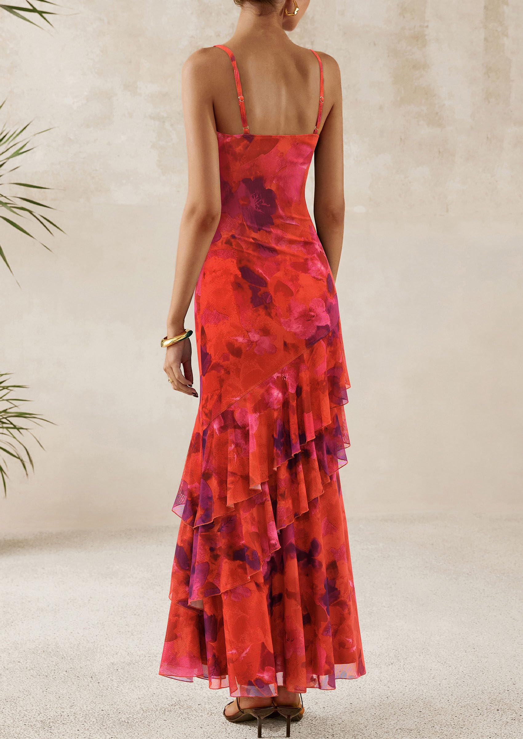 Women's Boho Floral Tiered Maxi Dress, Floral Rust Red,XS