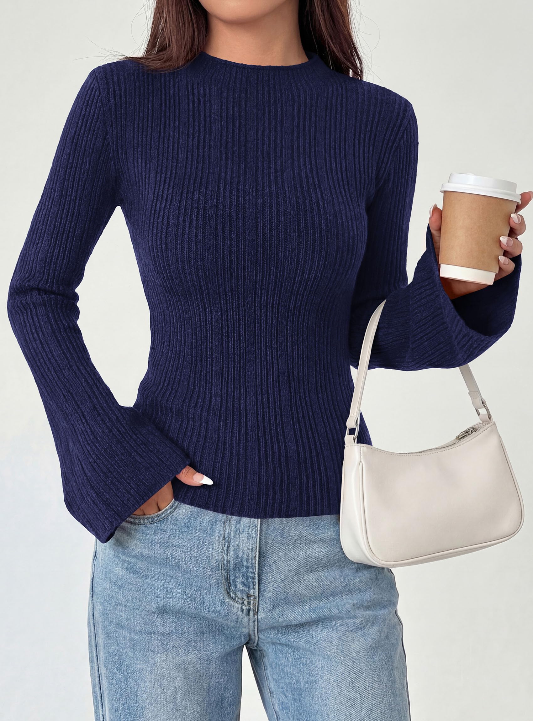 Womens Bell Long Sleeve Tops Mock Neck Sweaters,Navy Blue,S