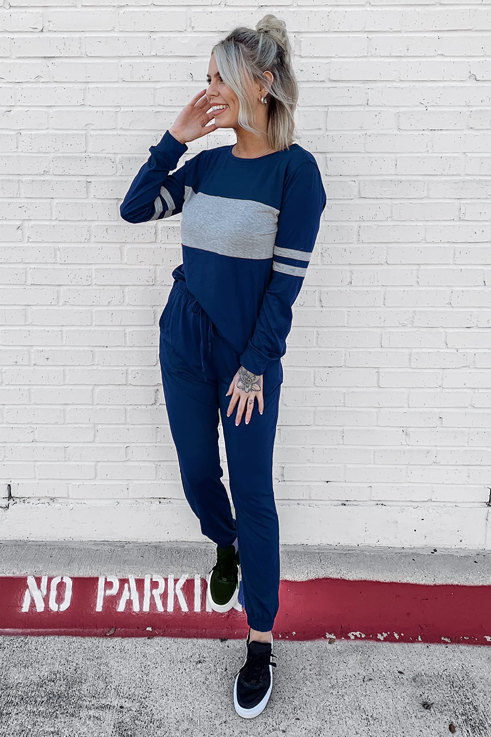 Women Color Block 2 Piece Sets Tracksuit,Bright Blue,S