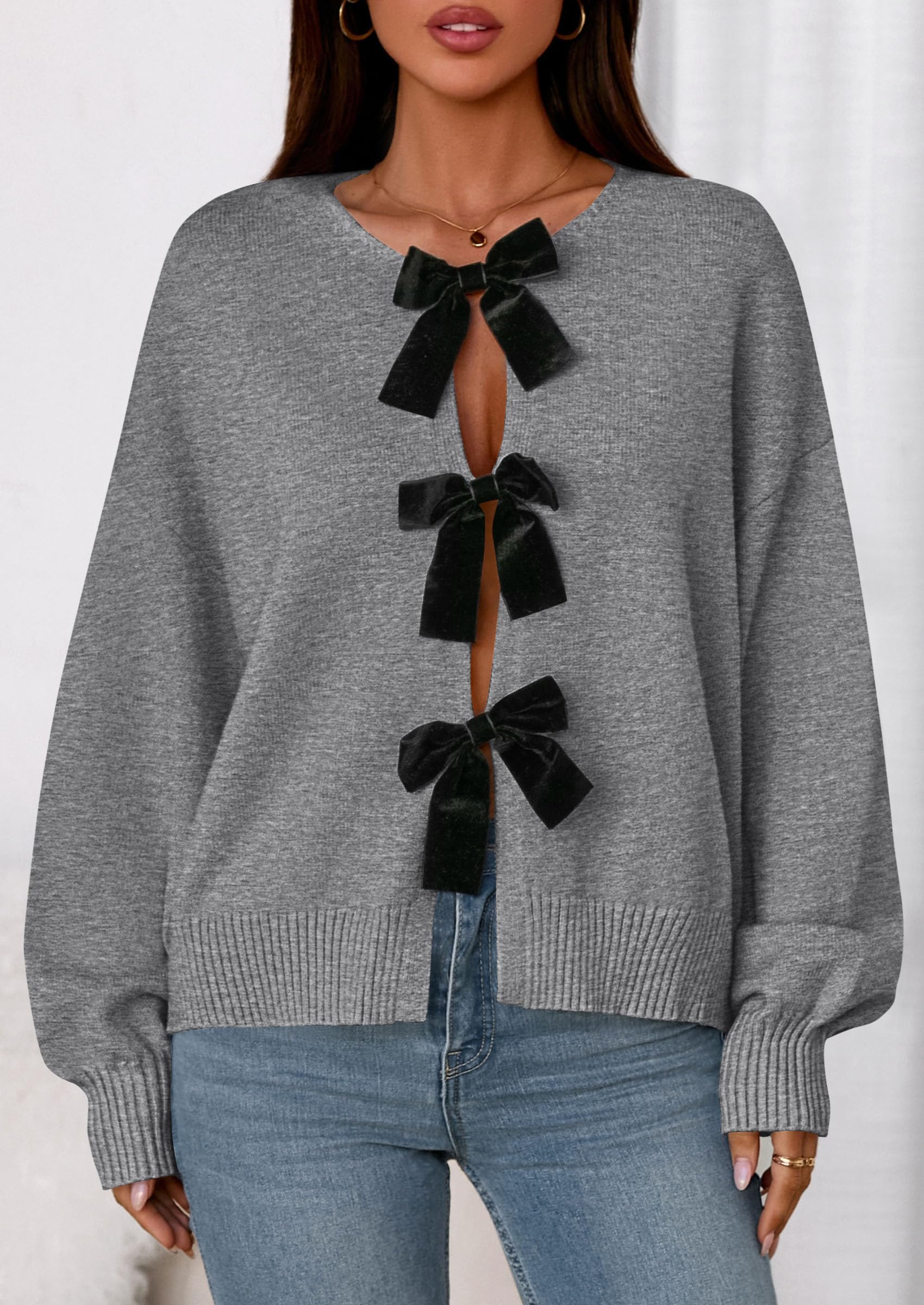 Women's Fall Bow Tie Front Cardigan Sweaters,Grey,S