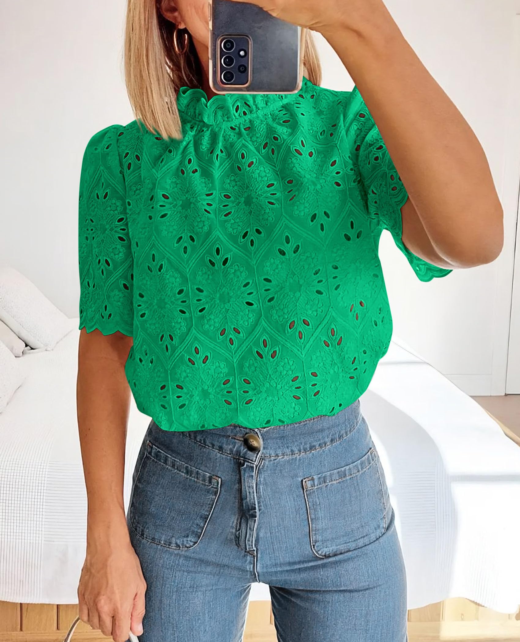 Women Summer Tops Eyelet Embroidered Shirts,Green,M