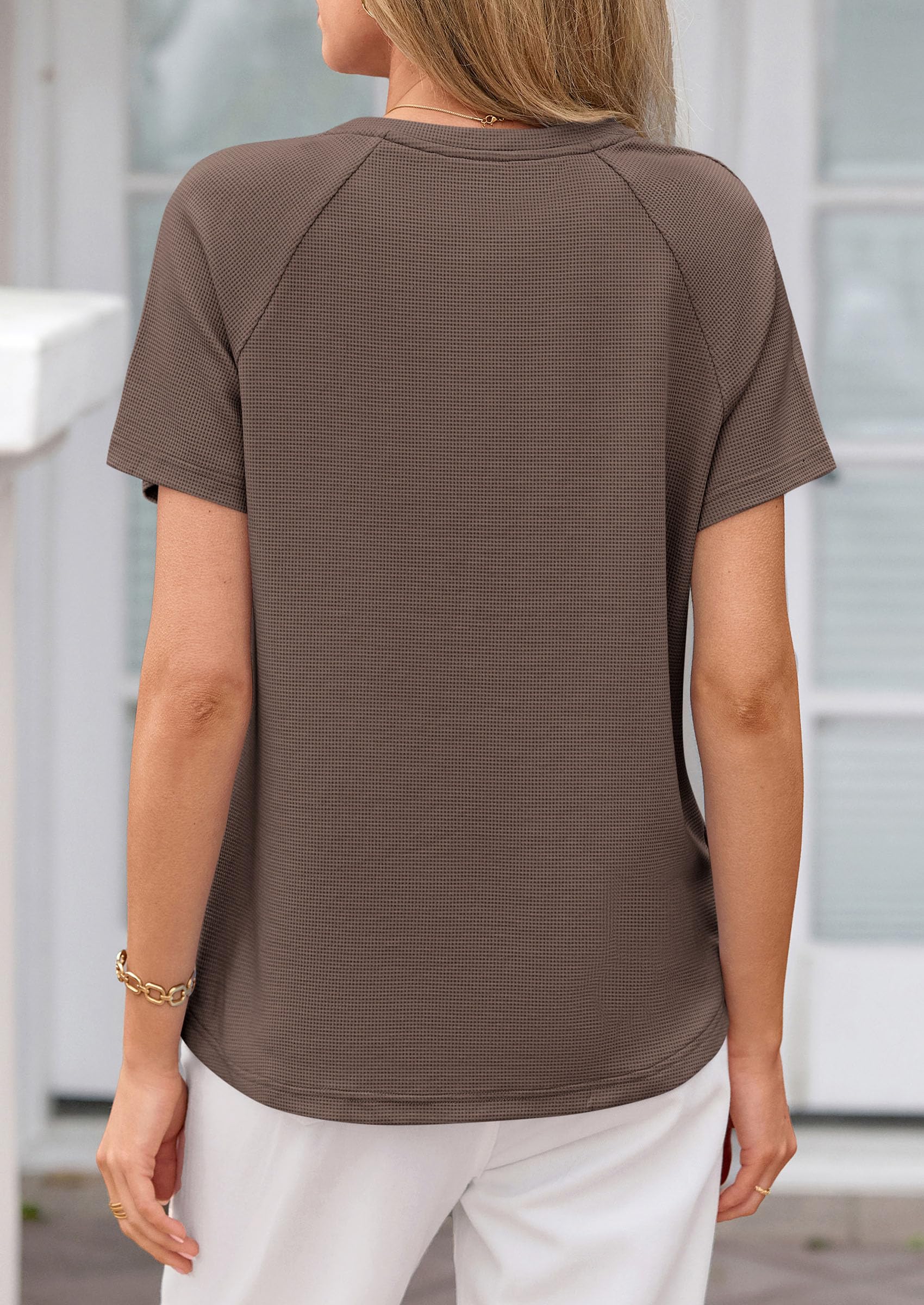 Women's Short Sleeve Waffle Knit Henley Shirts, Coffee,S