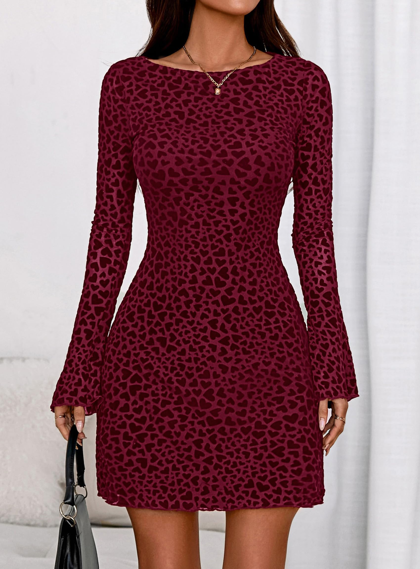 Women's Fall Floral Long Sleeve Mini Dress (Wine Red,XS)