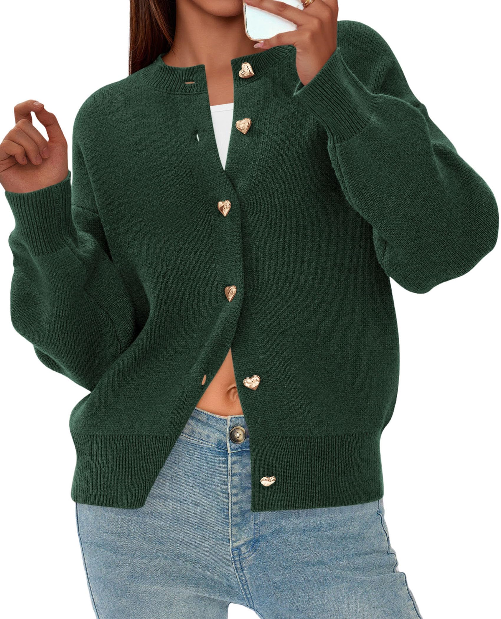 Women's Long Sleeve Button Up Cardigan,Dark Green,S