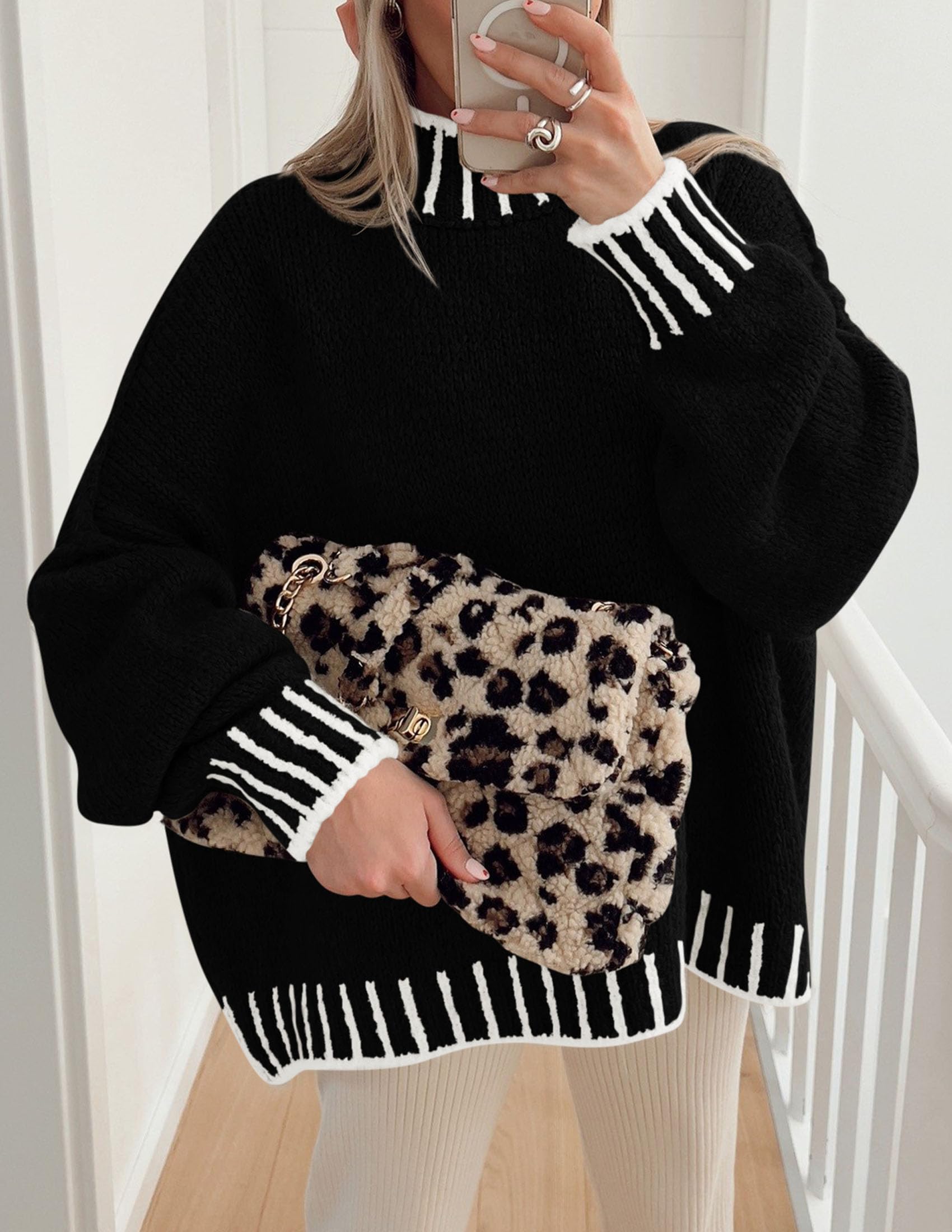 Women's Mock Neck Oversized Pullover Sweaters,Black,XS