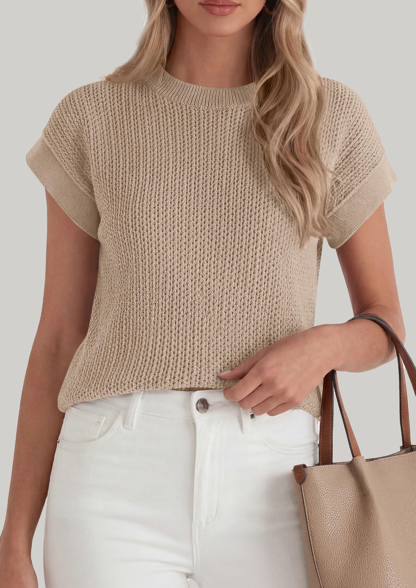 Women's Summer Sweater Vest Crochet Tops (Khaki,S)