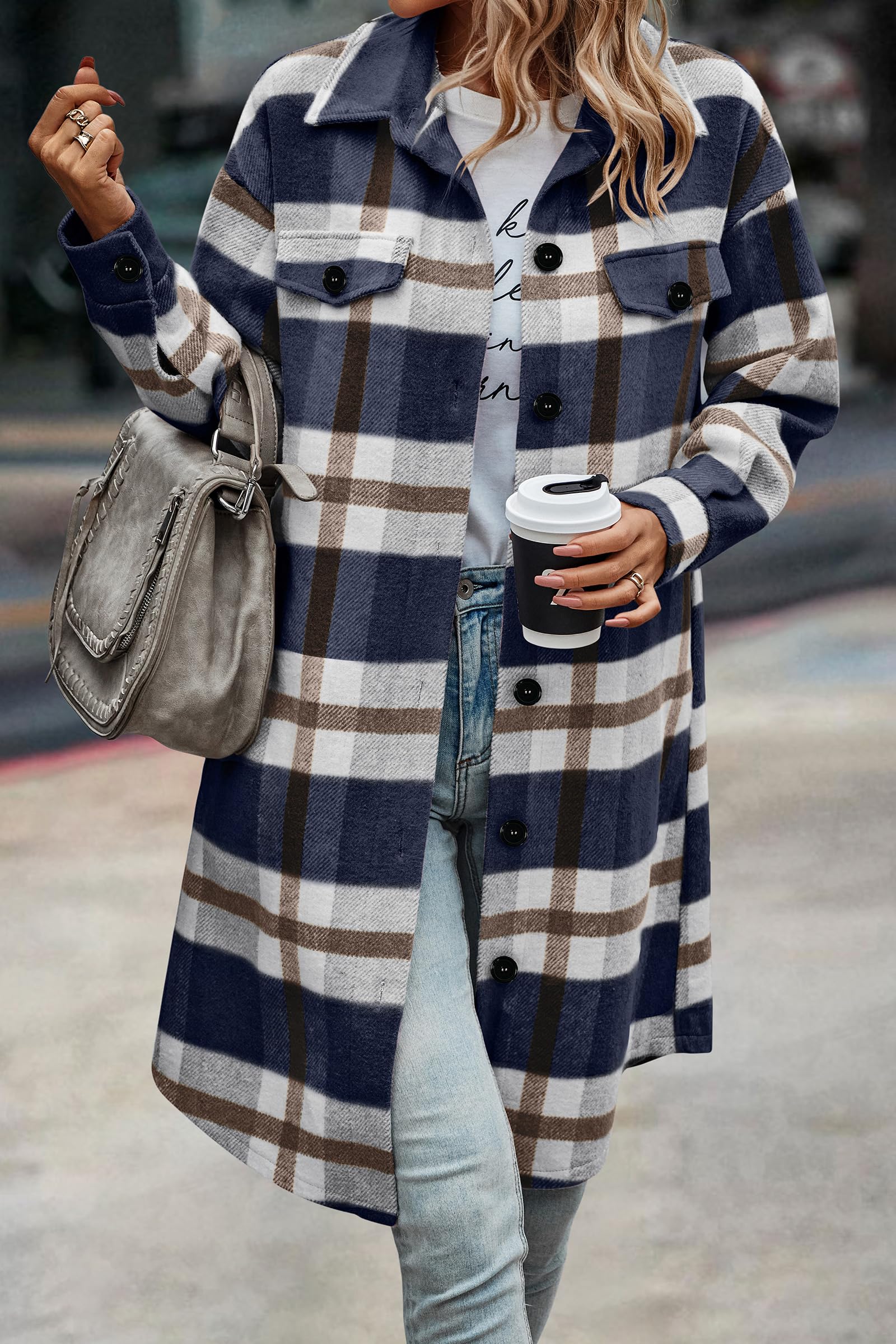 Womens Plaid Shacket Jacket Flannel Shirts,Plaid Navy,S