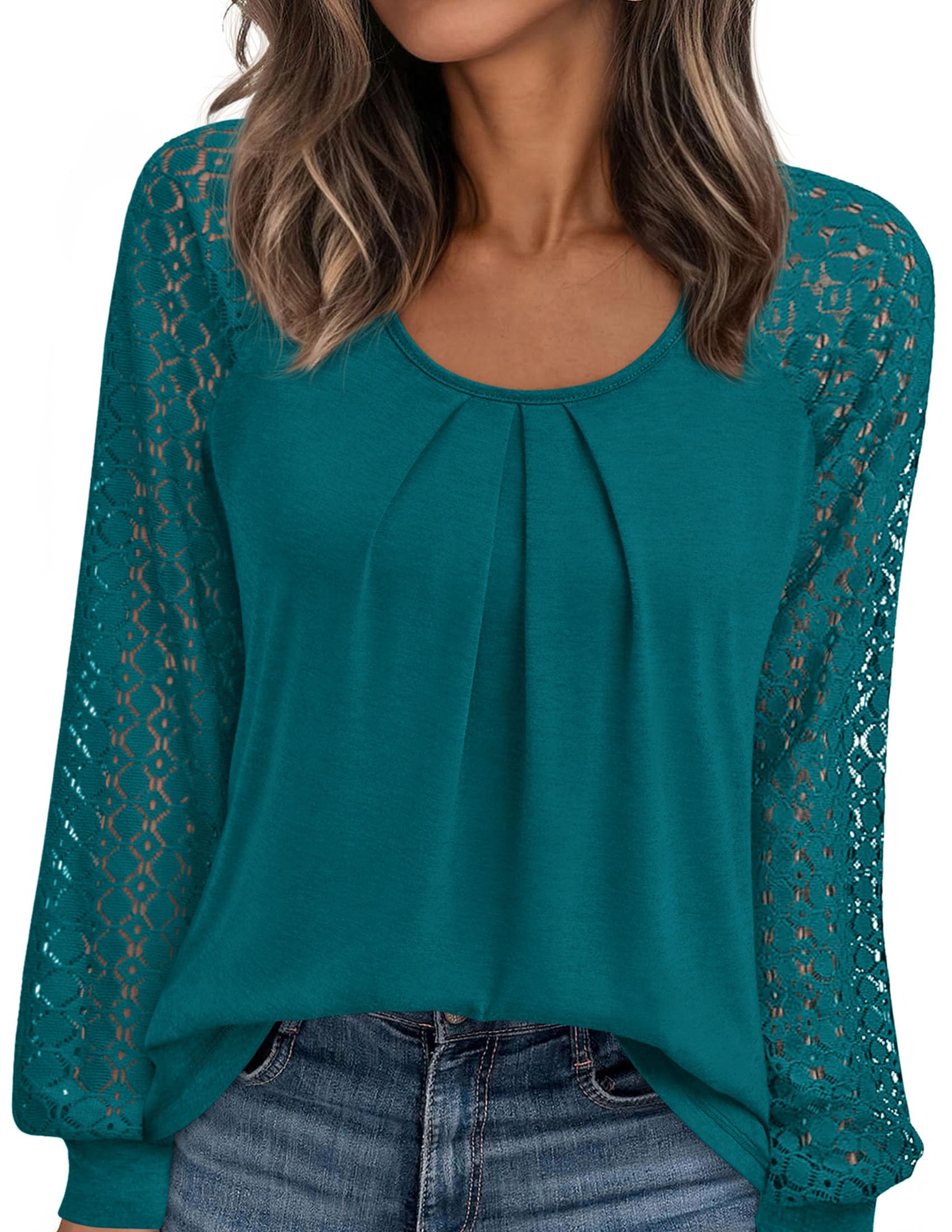 Women's Long Sleeve Shirts Fall Lace Tops,Lake Blue,S