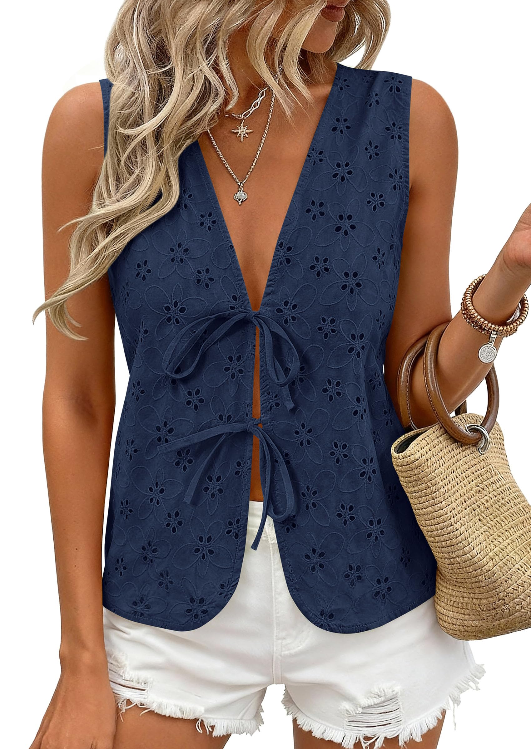 Women's Summer Eyelet Lace Tie Front Vest Tops (Navy Blue,S)
