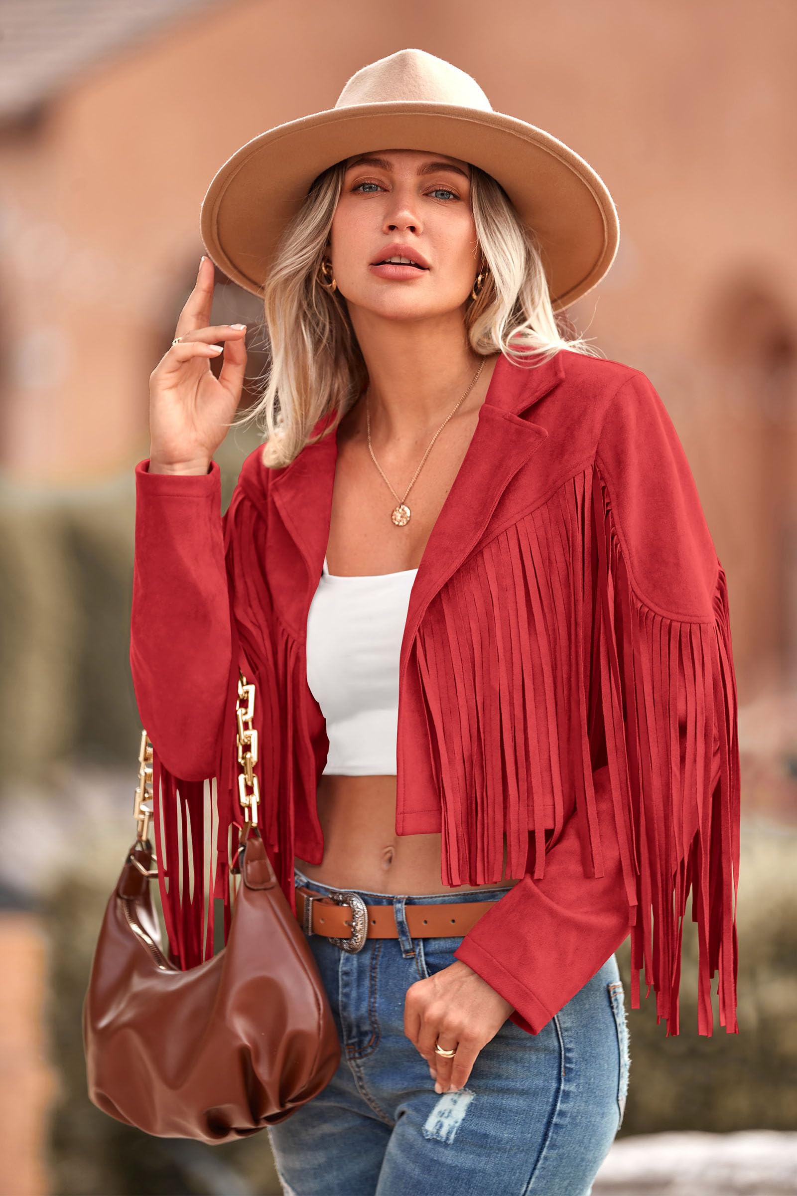 Women's Fringe Faux Suede Leather Jackets,Red,M