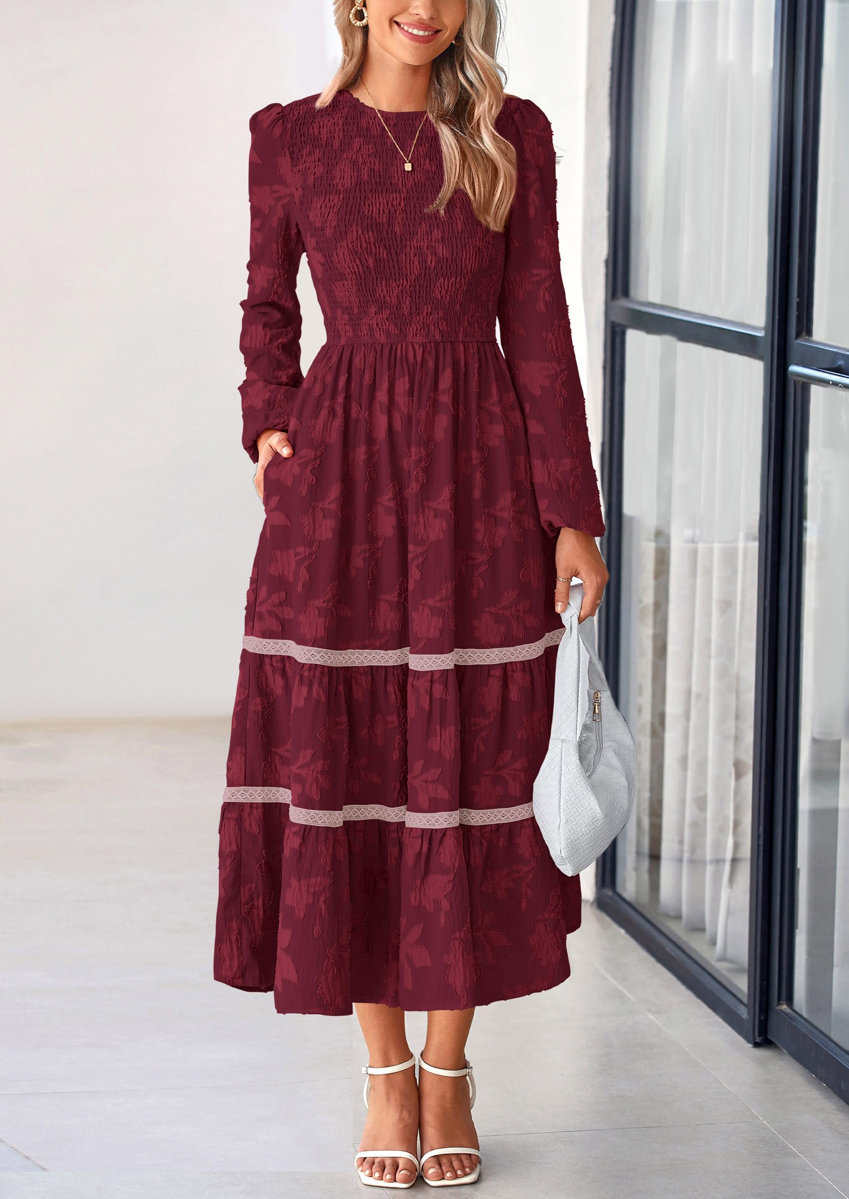 Women's Long Sleeve Boho Floral Midi Dress, Wine Red,S