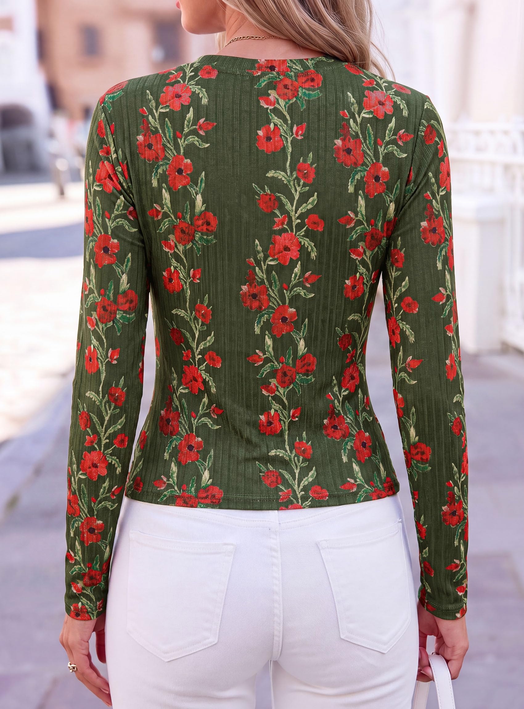 Womens Long Sleeve Shirts Floral Y2K Tops,Army Green,XS