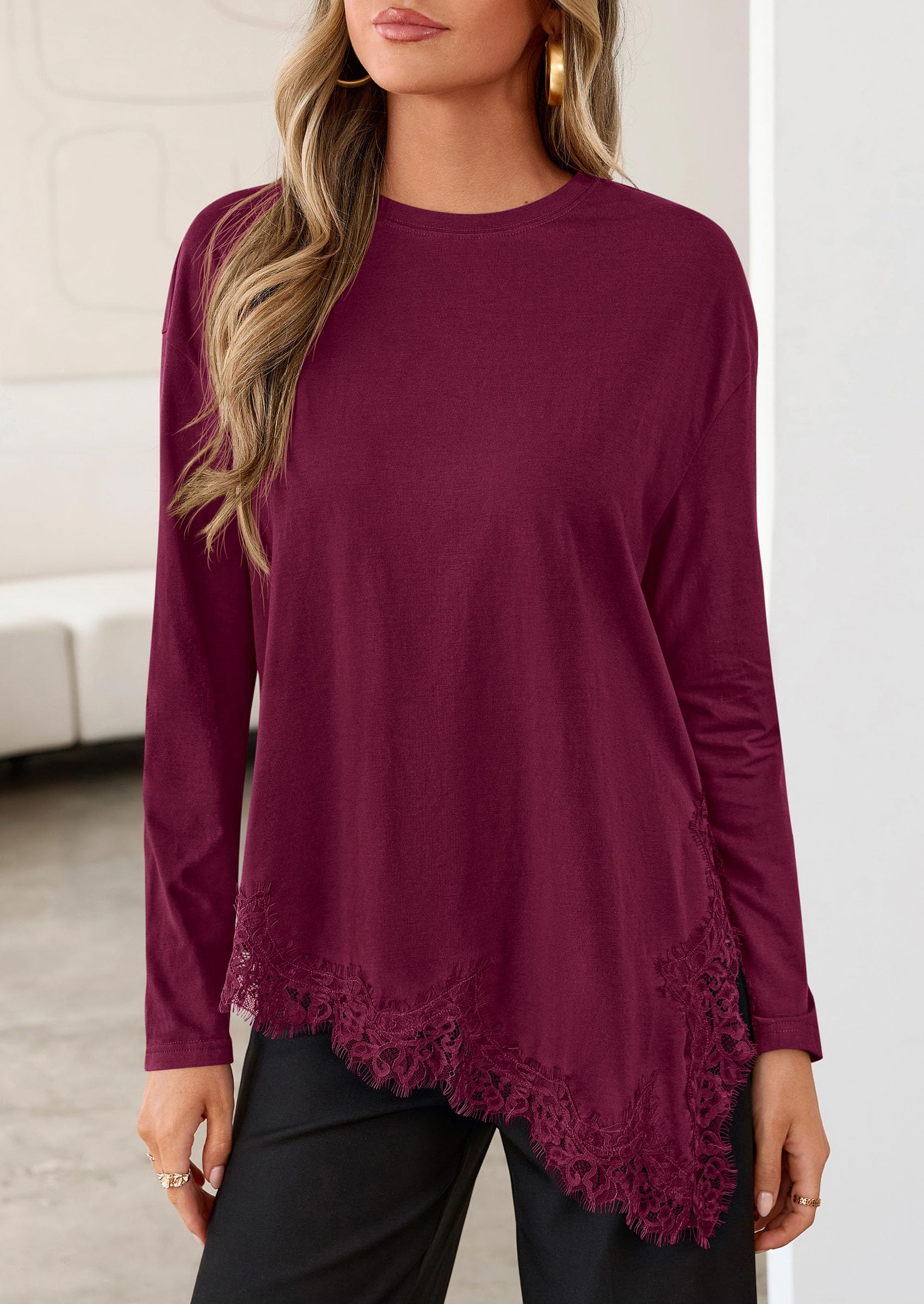 Women's Long Sleeve Asymmetrical Lace Tops Oversized Tshirts