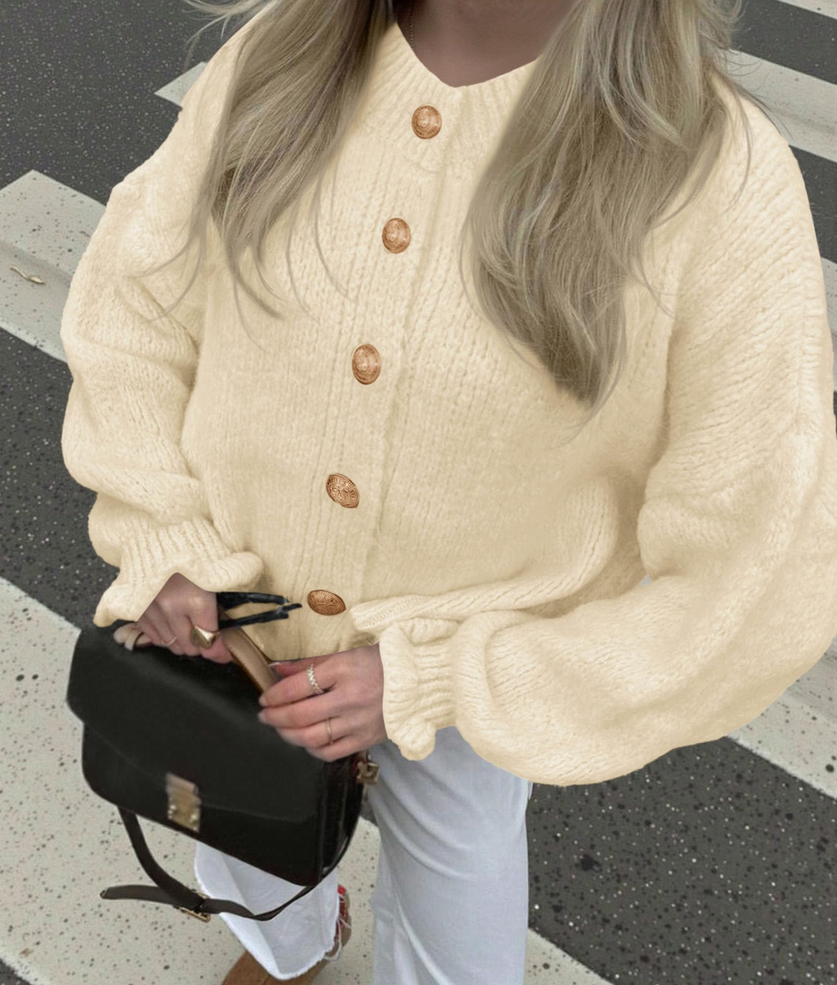 Womens Long Sleeve Chunky Knit Cardigan Sweaters,Beige,S