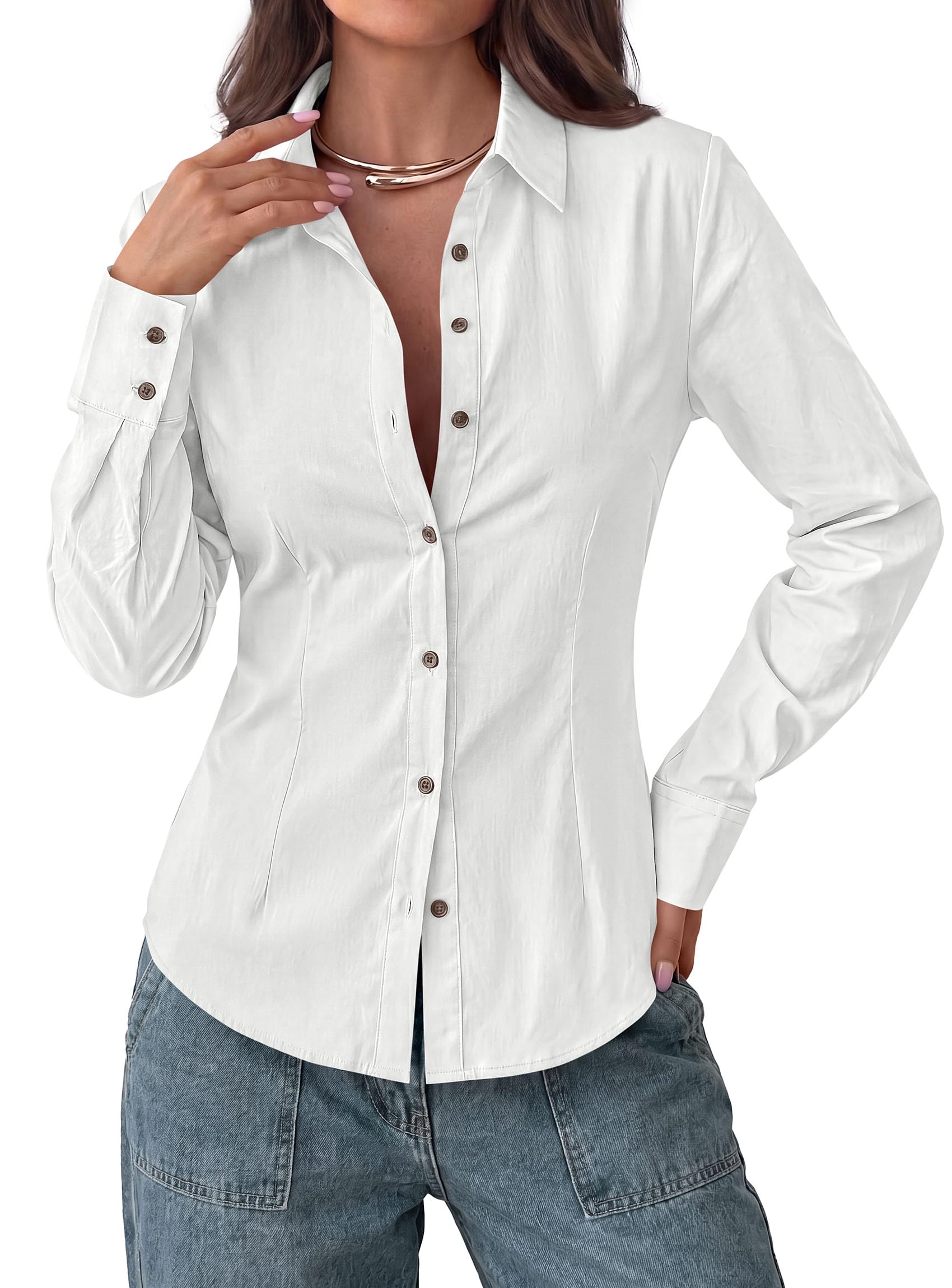 Womens Button Down Shirts Long Sleeve Blouse (White,S)