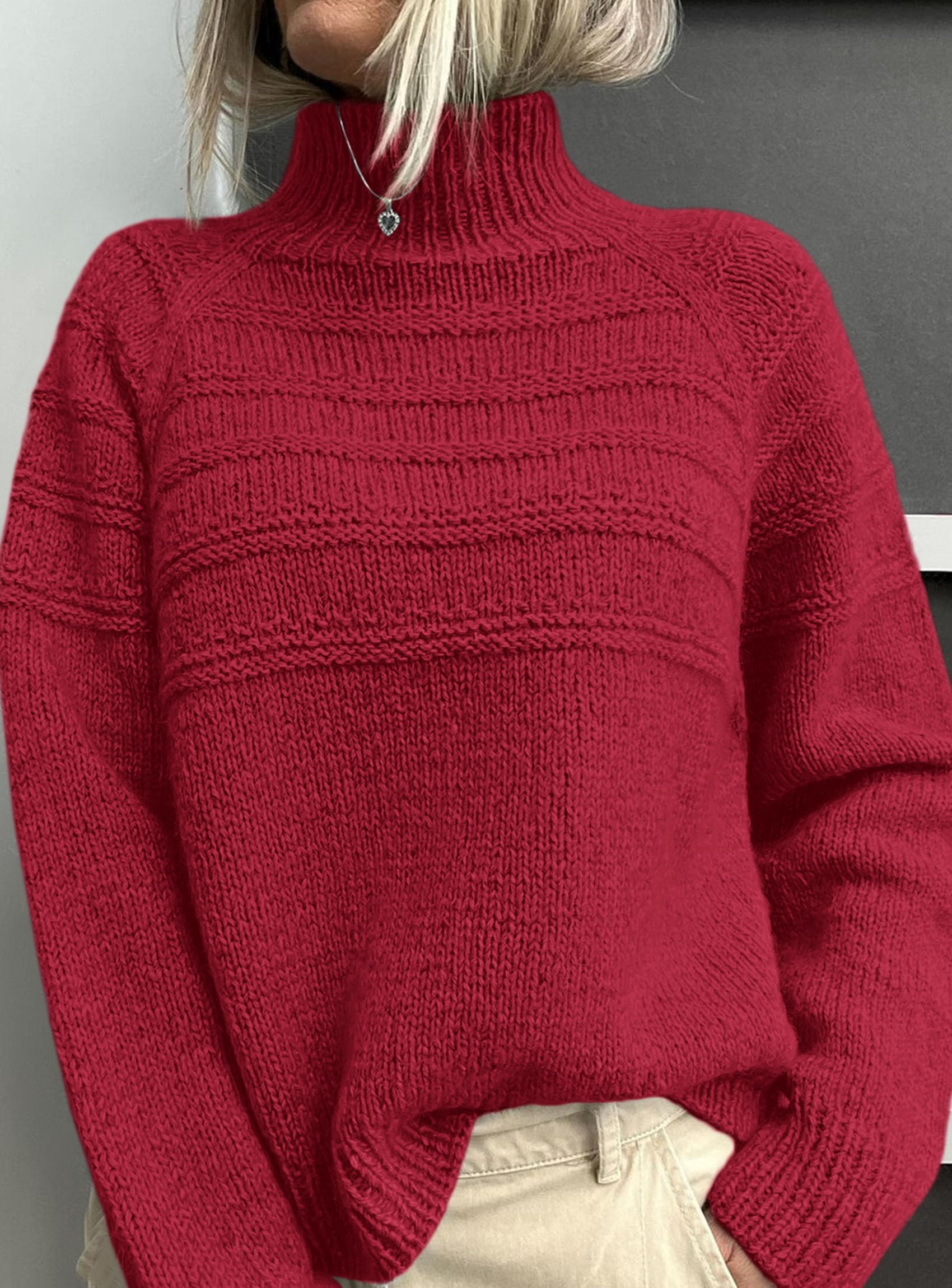 Women's Chunky Knit Mock Neck Pullover Sweaters,Red,S