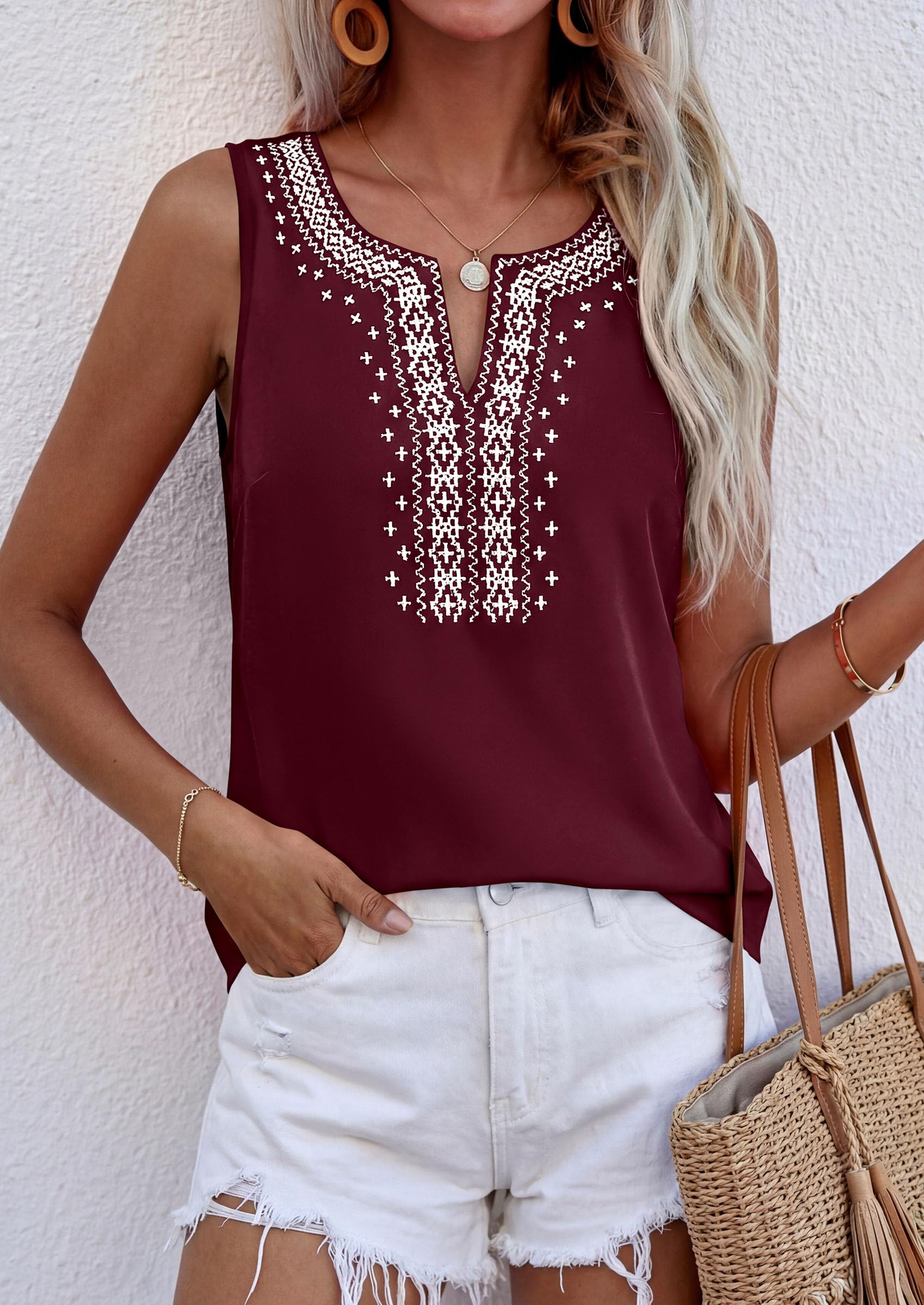 Womens Embroidered Sleeveless Tank Tops Wine Red,S