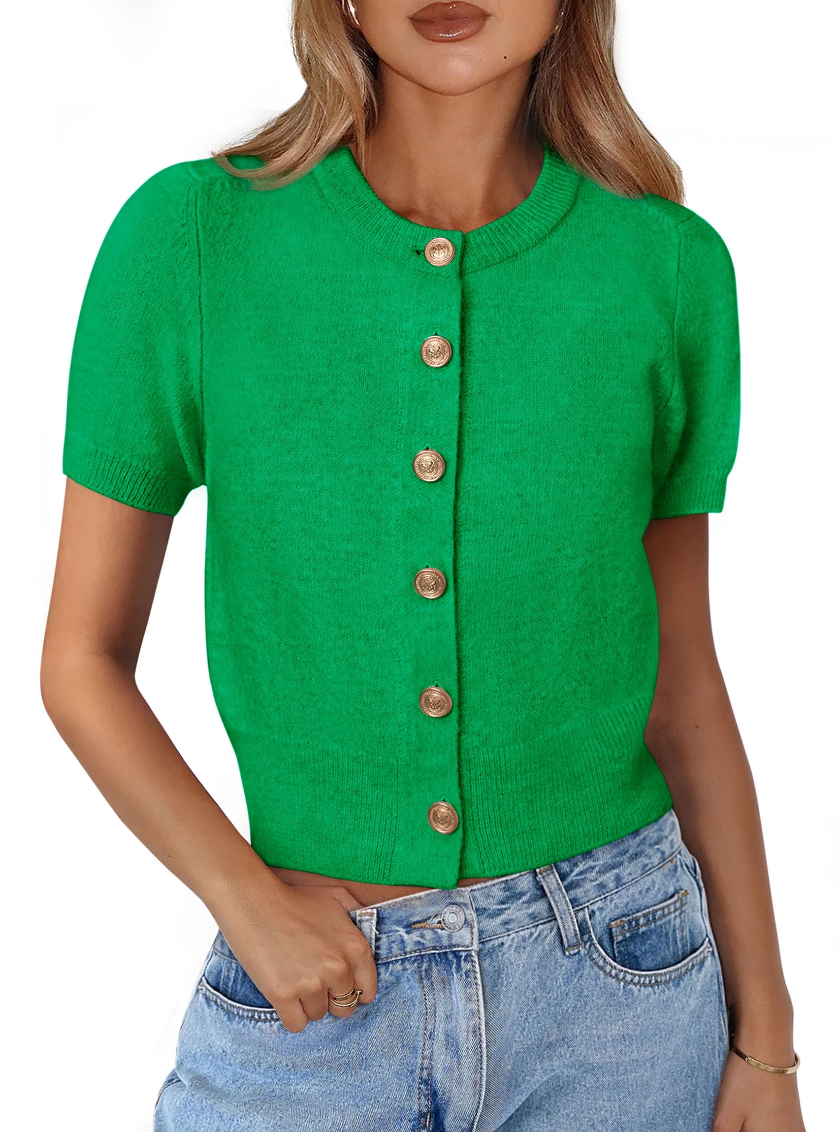 Womens Summer Cardigan Short Sleeve Sweater,Green,S