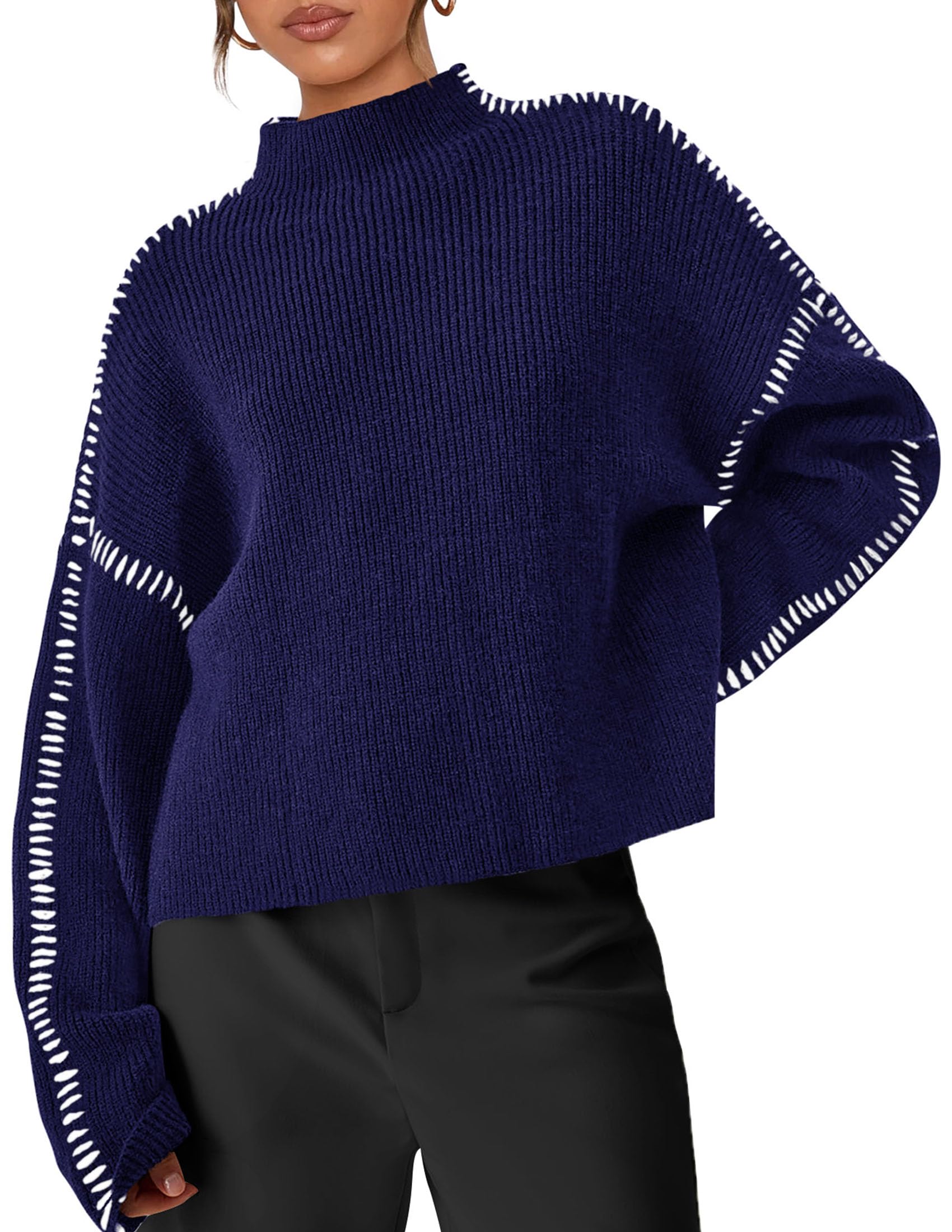 Womens Chunky Knit Oversized Pullover Sweaters,Navy Blue,S