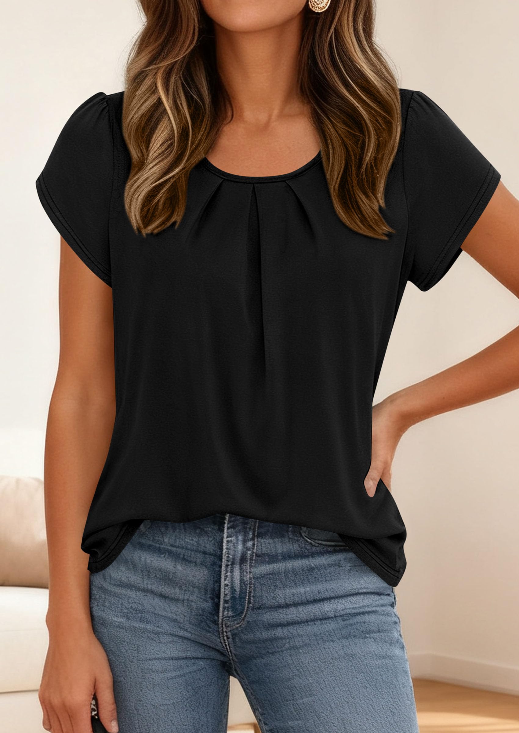 Women's Summer Short Sleeve Tops Casual Blouses,Black,S