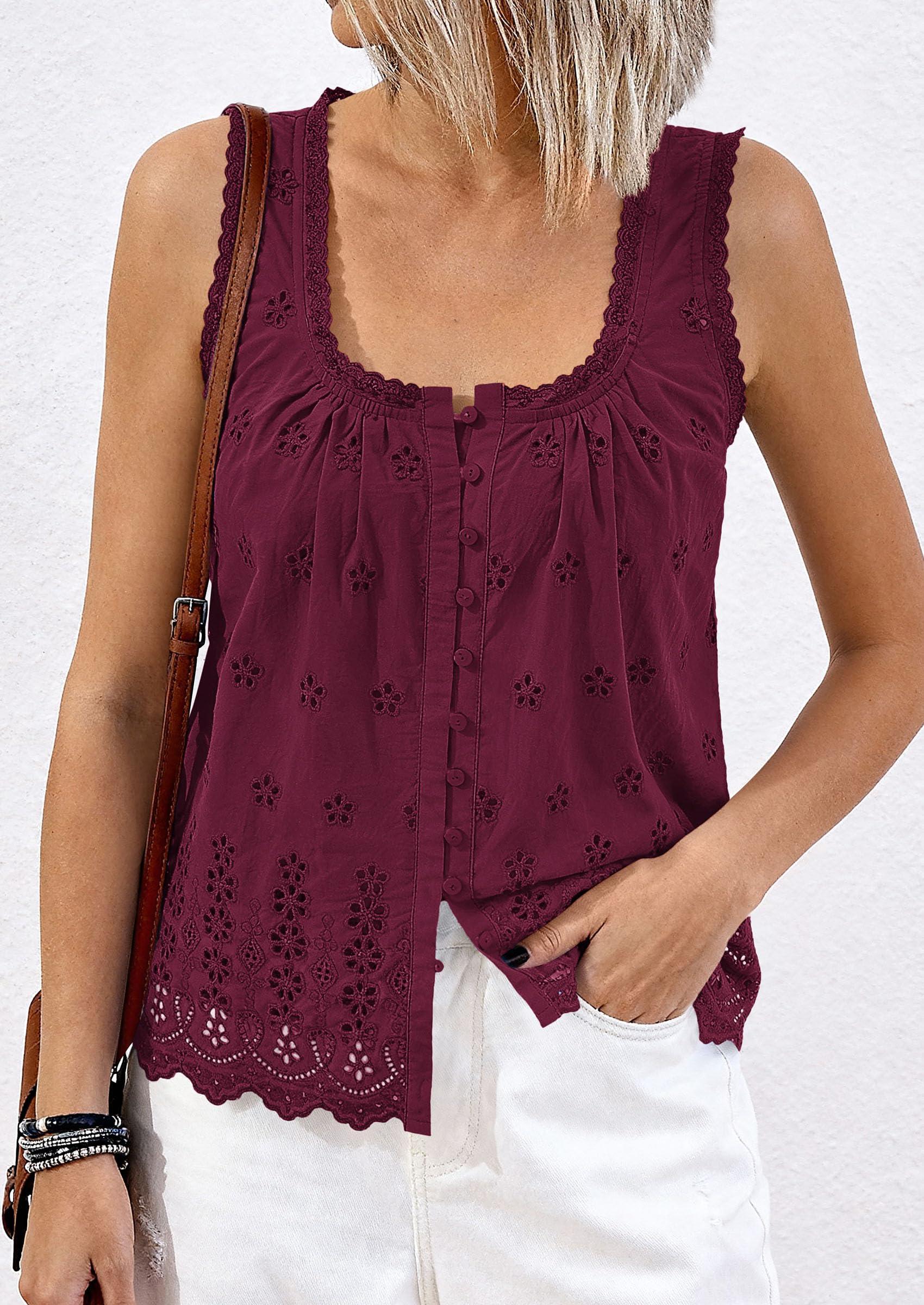 Women's Lace Tank Top Embroidery Eyelet Blouses,Burgundy,S