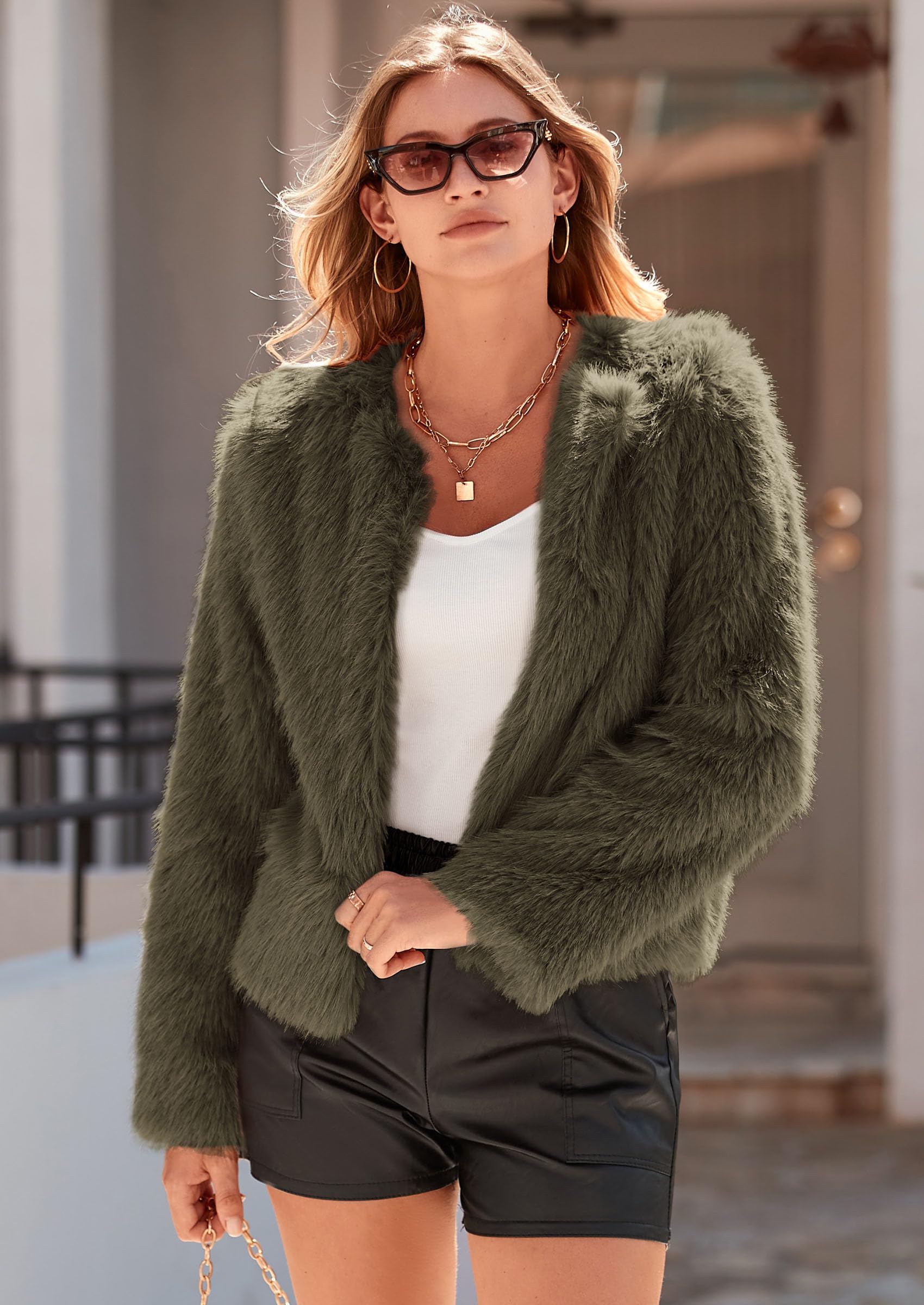 Women's Winter Cropped Faux Fur Coats(Army Green,Small)