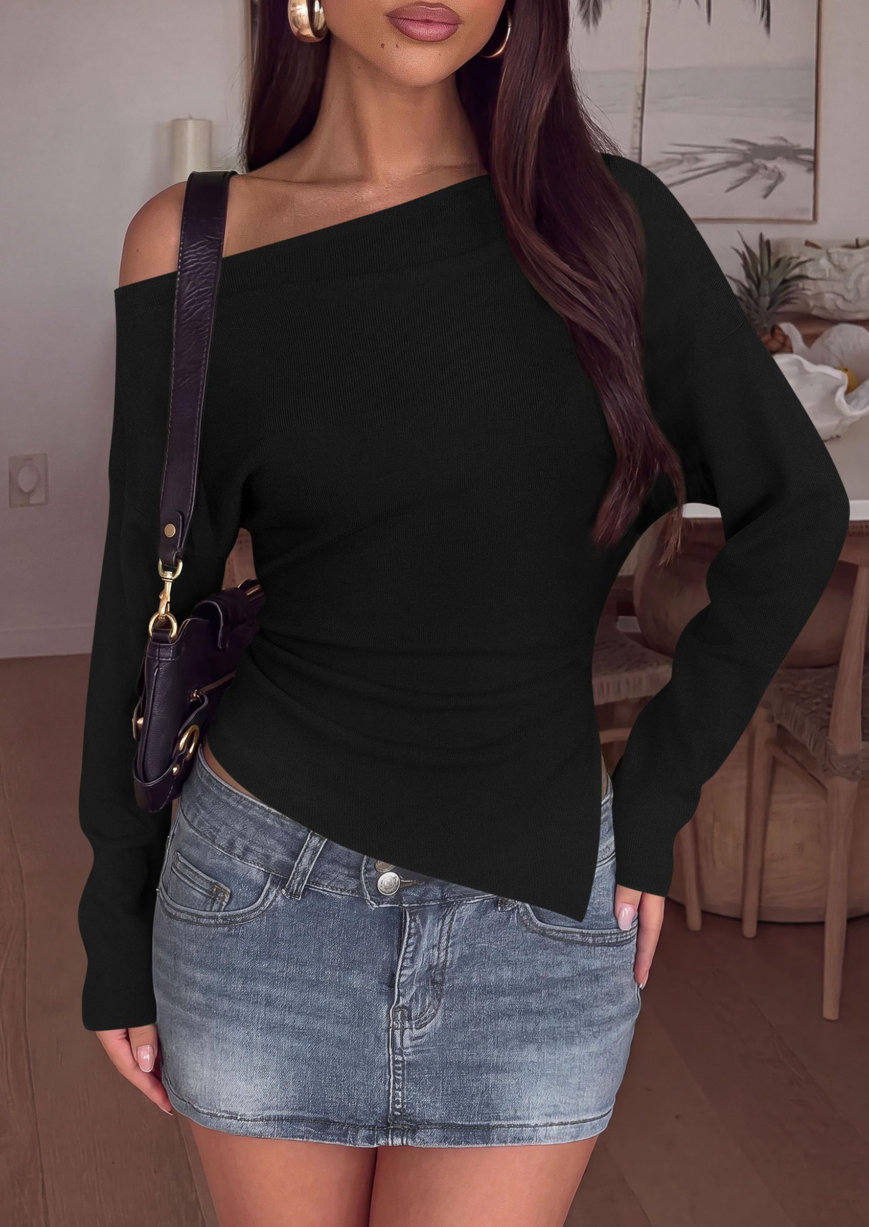 Womens Fall Long Sleeve Off Shoulder Sweater,Black,S