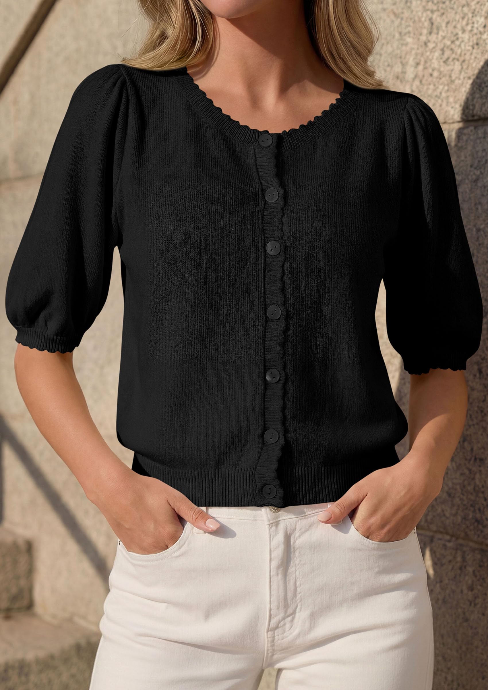 Women Short Sleeve Lightweight Knit Cardigans, Black,S