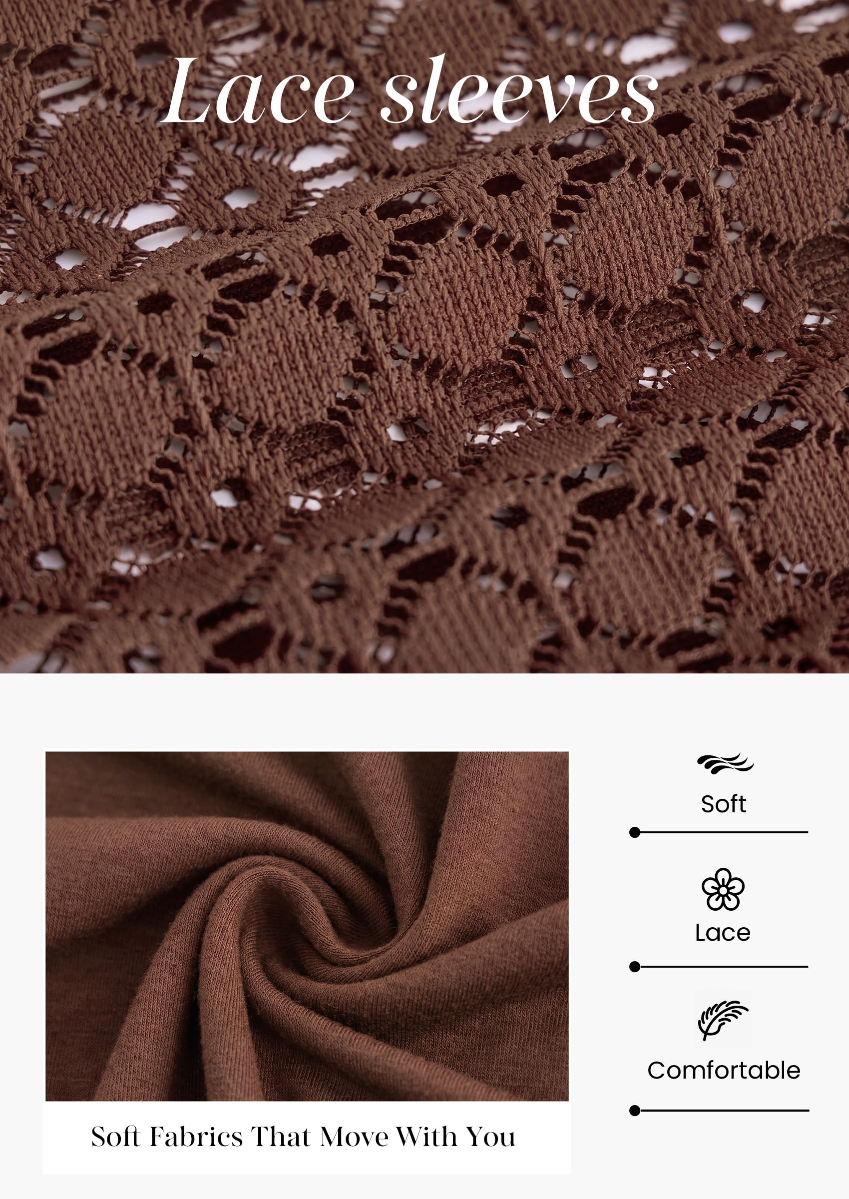 Women's Long Sleeve Shirts Fall Lace Tops,Brown,S
