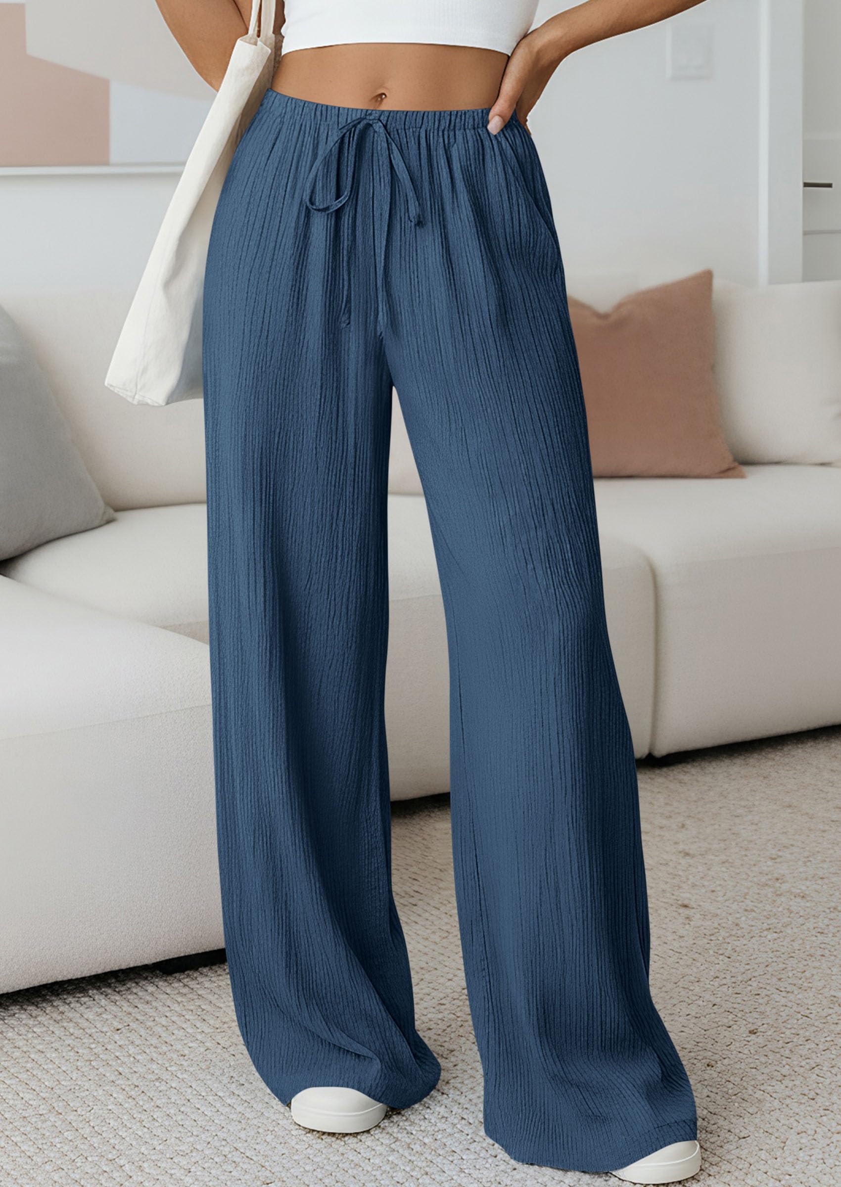 Women's Palazzo Pants Casual Wide Leg Trousers,Dark Blue,S