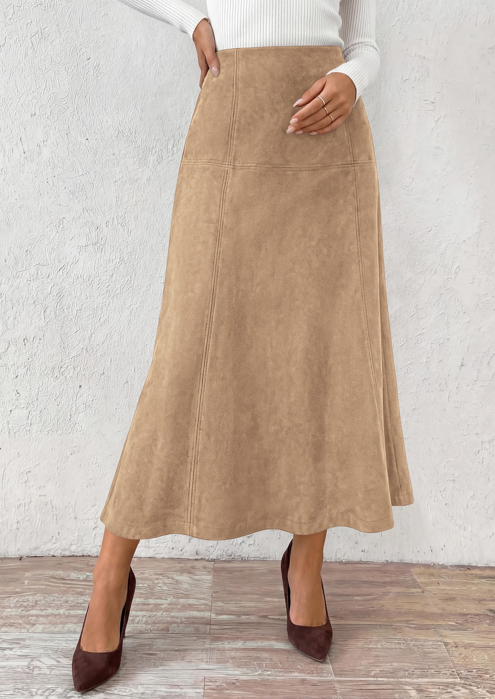 Womens High Waist Faux Suede A Line Midi Skirt,Apricot,S