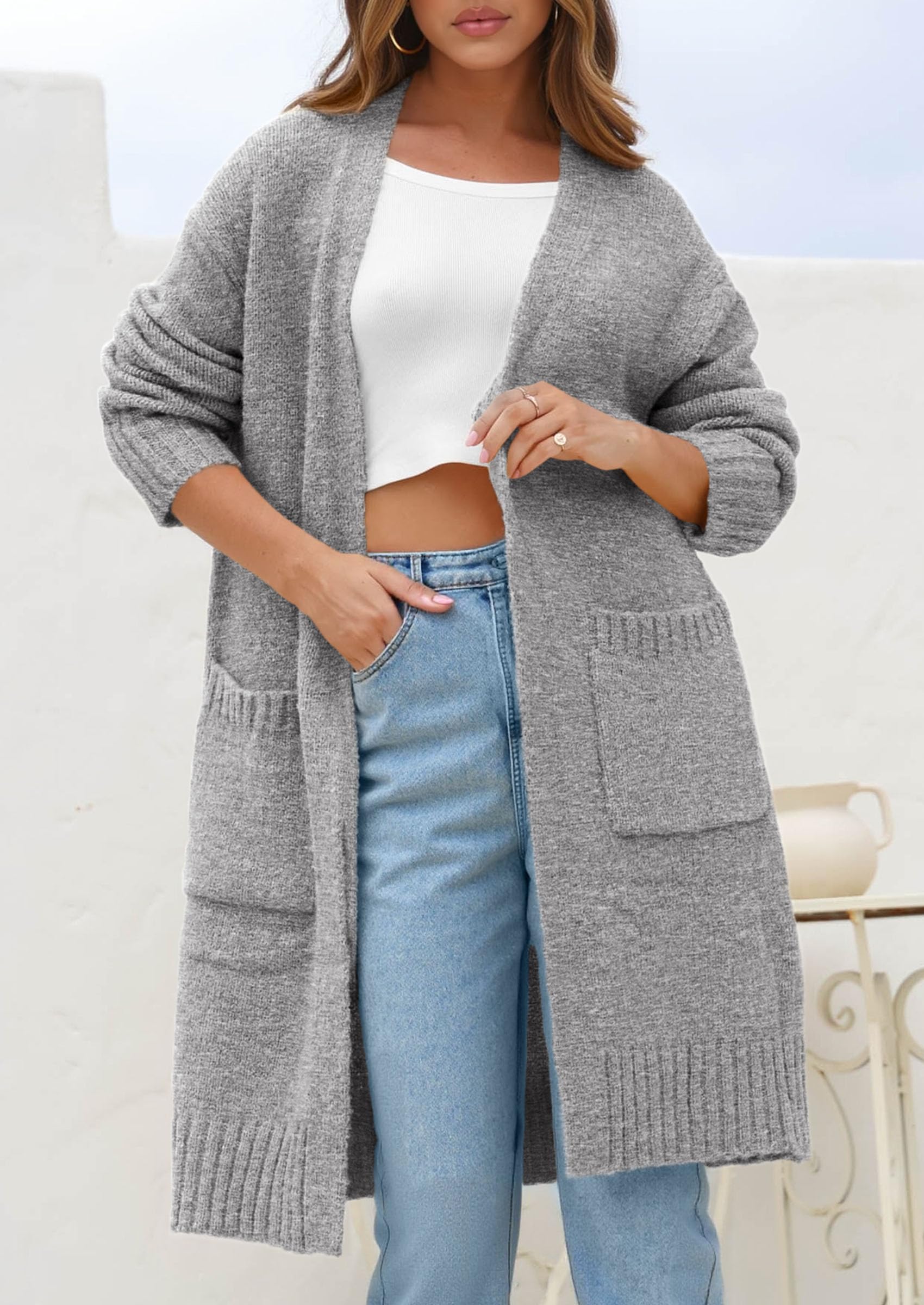 Open Front Cardigan Sweaters for Women,Light Grey,S