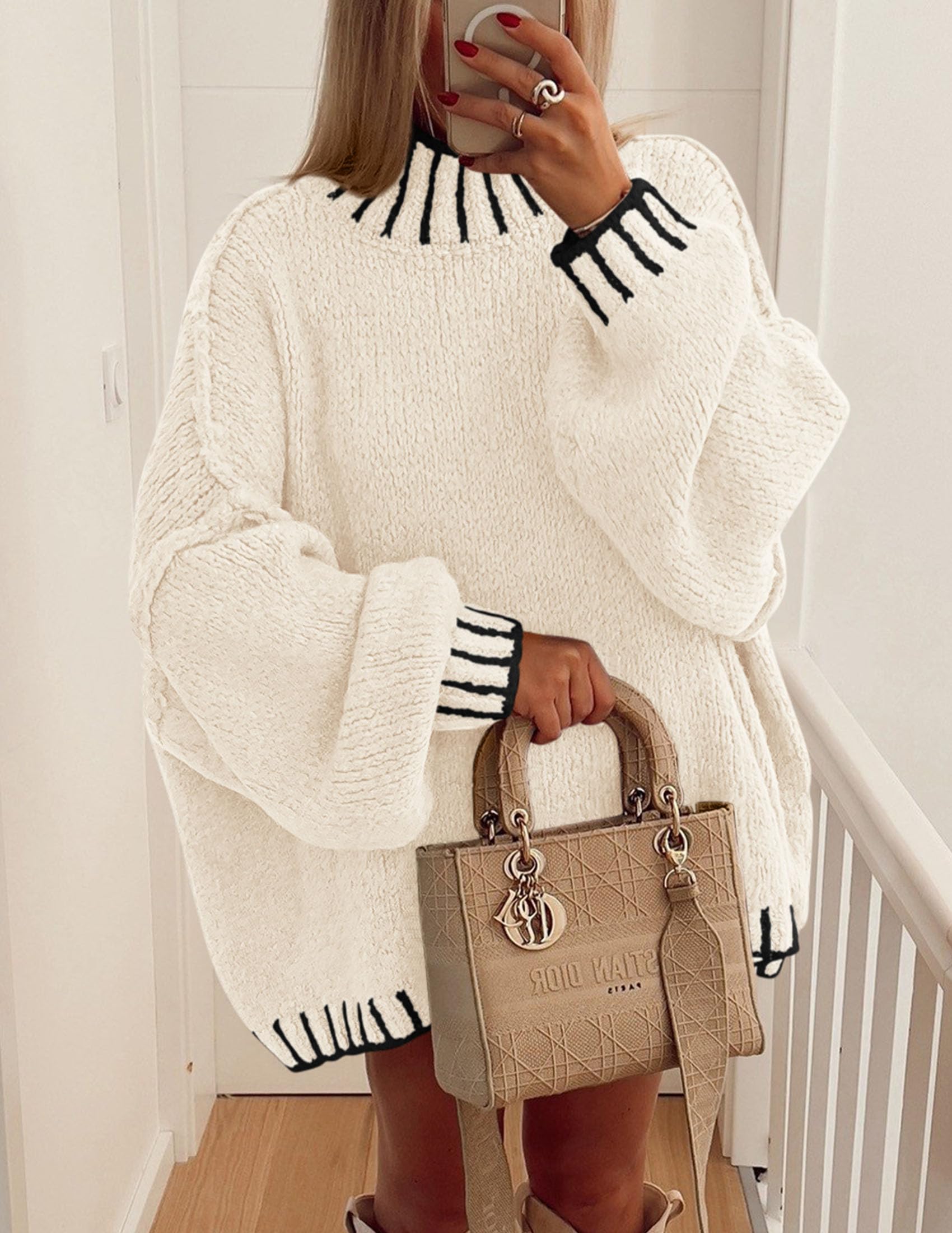 Women's Mock Neck Oversized Pullover Sweaters,White,M