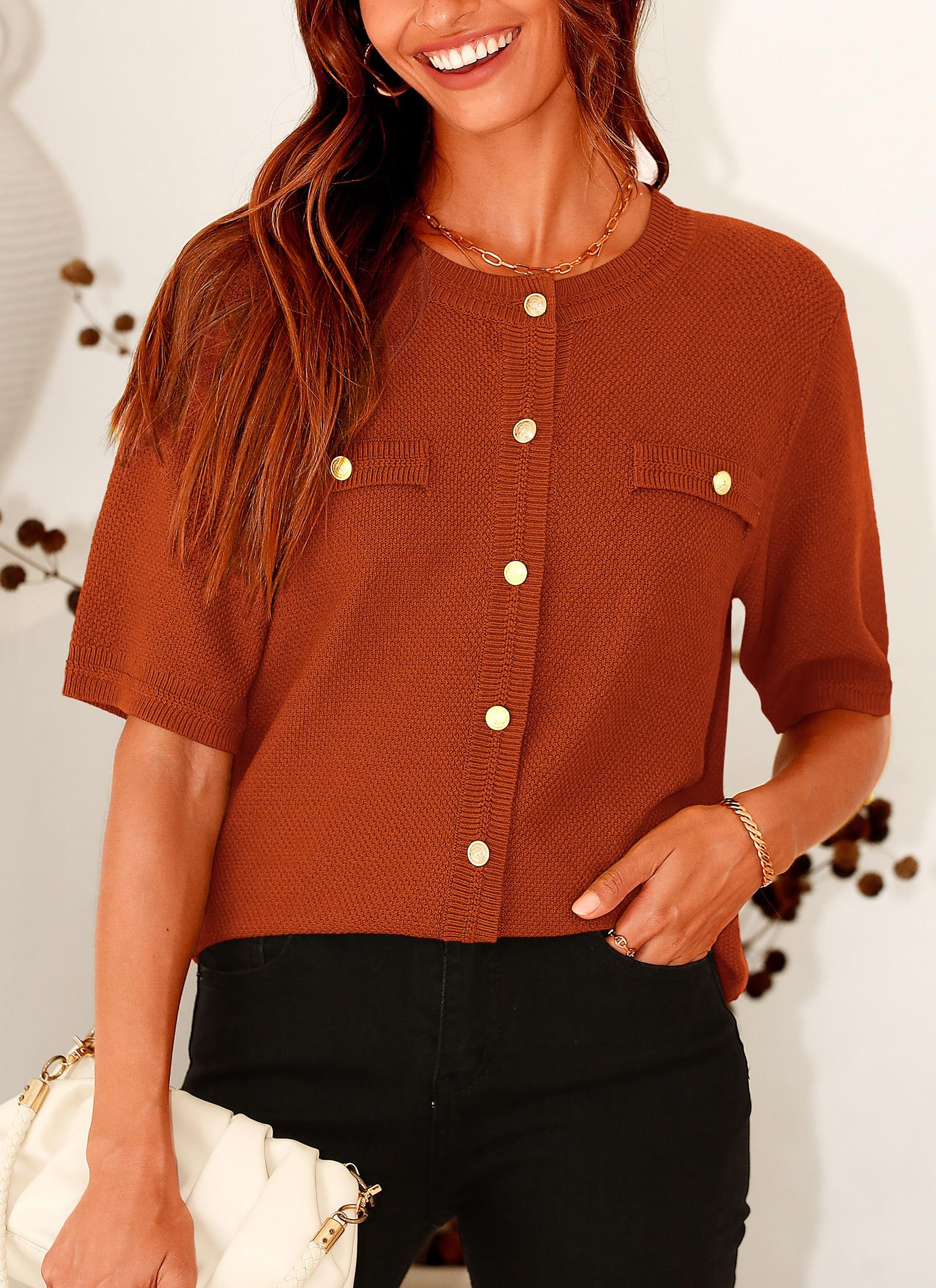 Women's Summer Casual Button Down Shirts Brick Red,Small