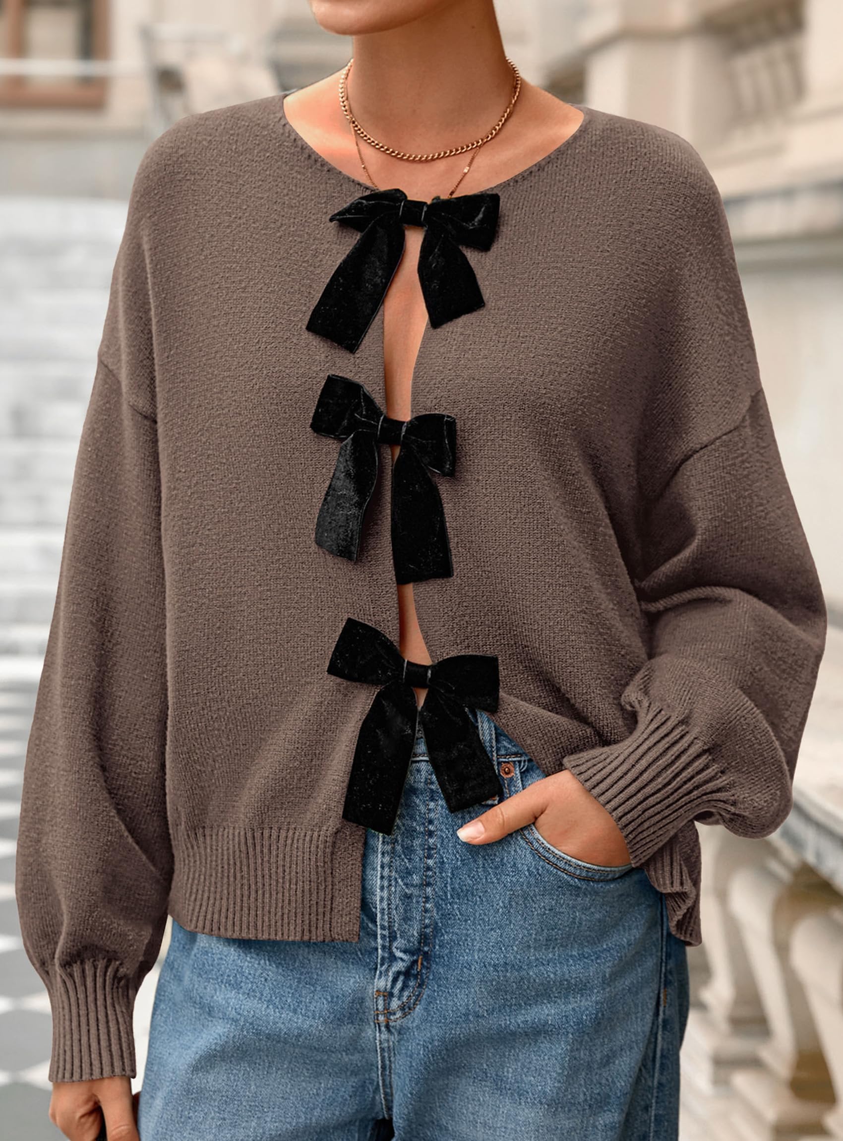 Women's Fall Bow Tie Front Cardigan Sweaters,Coffee,S