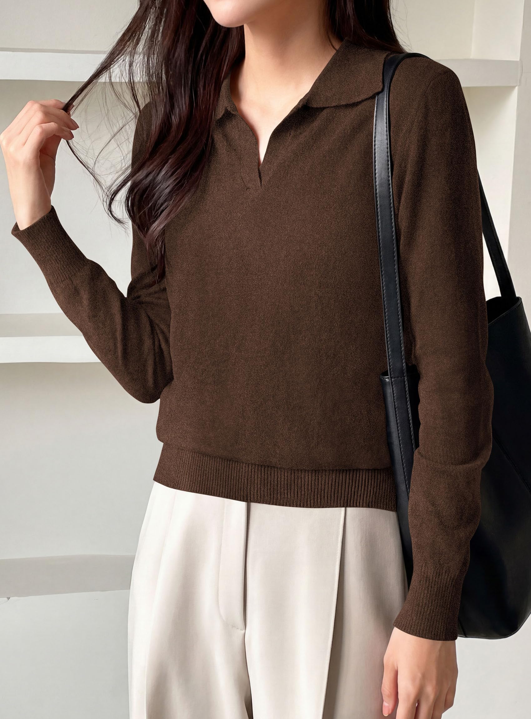 Womens Long Sleeve Collared Polo Sweater,Brown,S