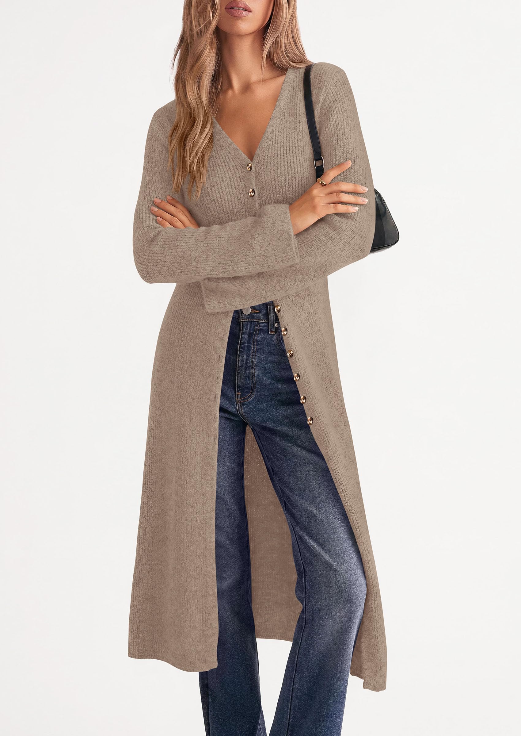 Women Long Cardigan Bell Sleeve Sweater Dress (Khaki,M)