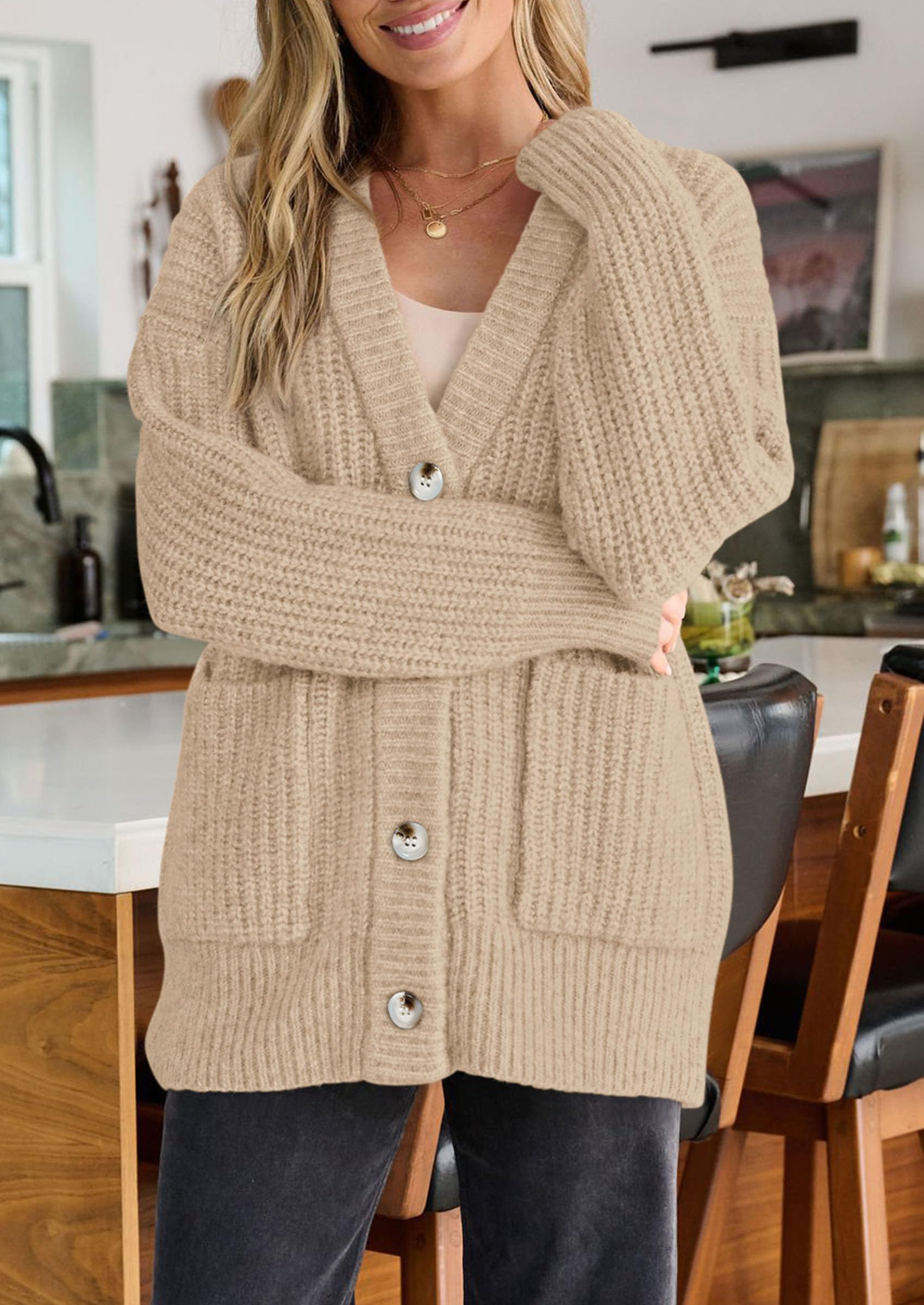 Oversized Cardigan Sweaters for Women Button Up,Khaki,S