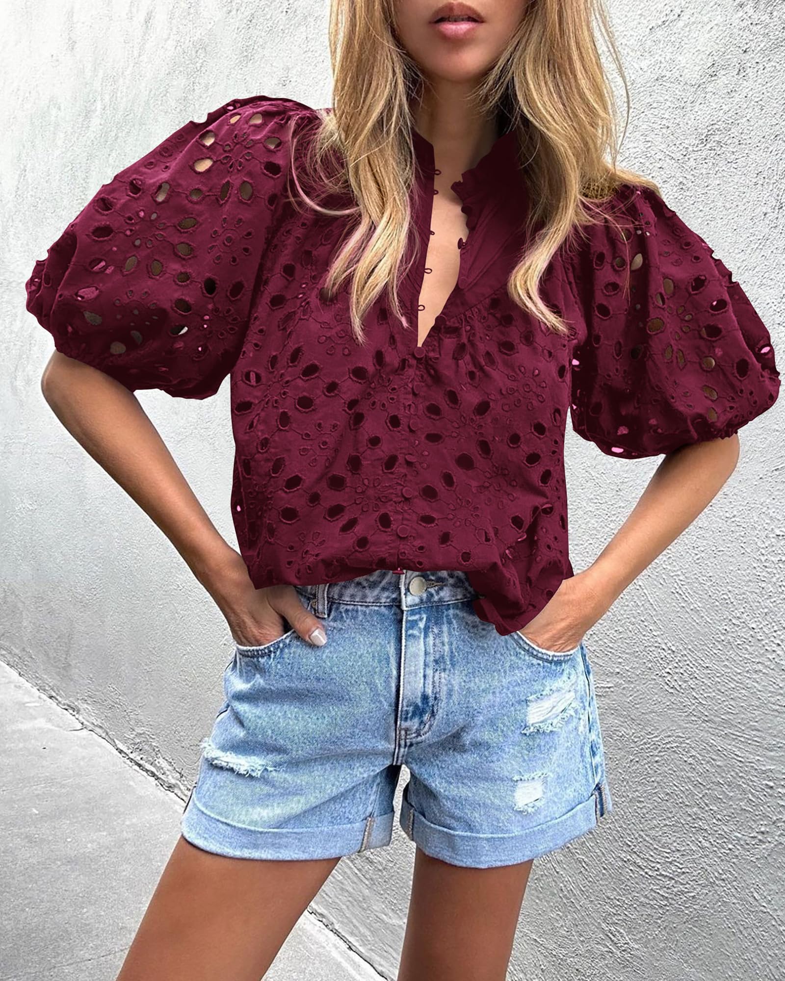 Womens Tops Boho Eyelet Puff Sleeve Blouse, Wine Red,S