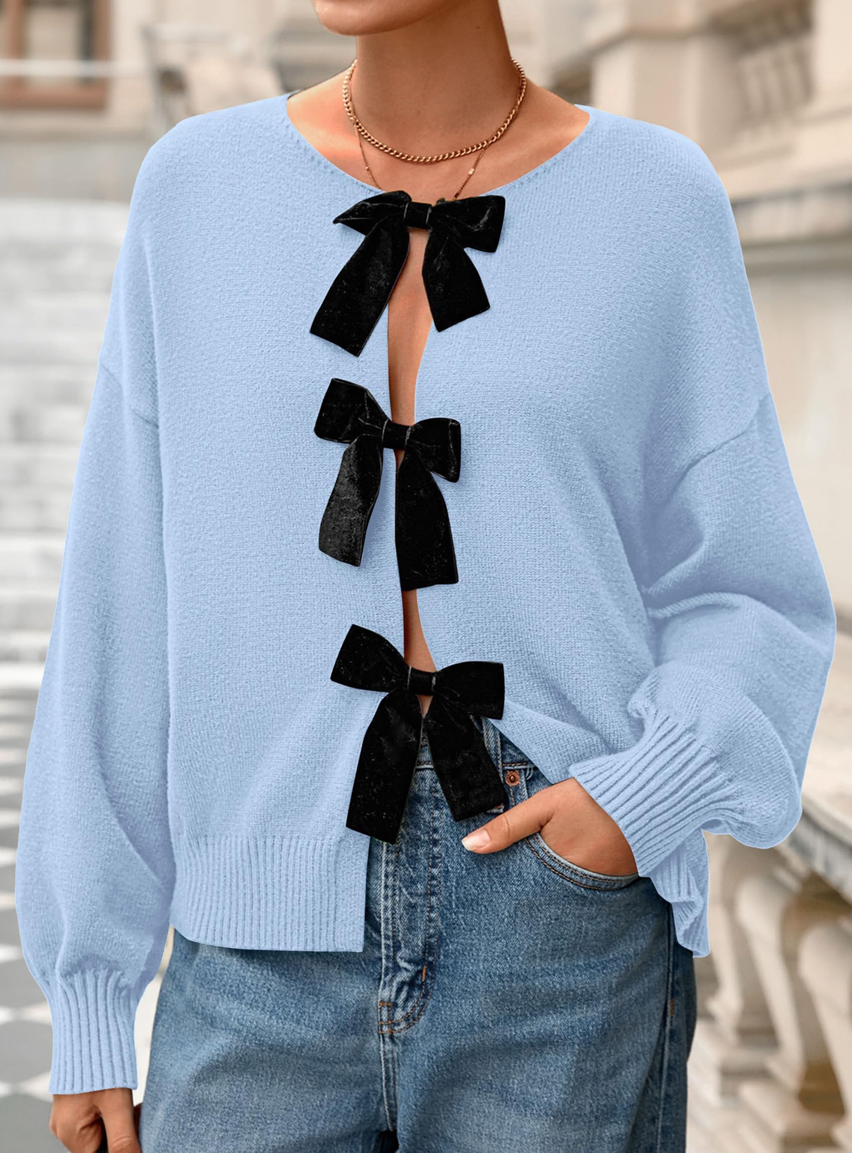Women's Fall Bow Tie Front Cardigan Sweaters,Light Blue,XL