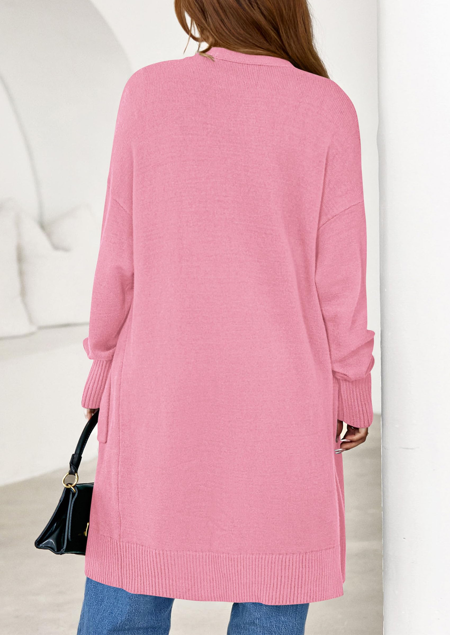 Women's Oversized Open Front Long Knit Cardigan,Pink,M