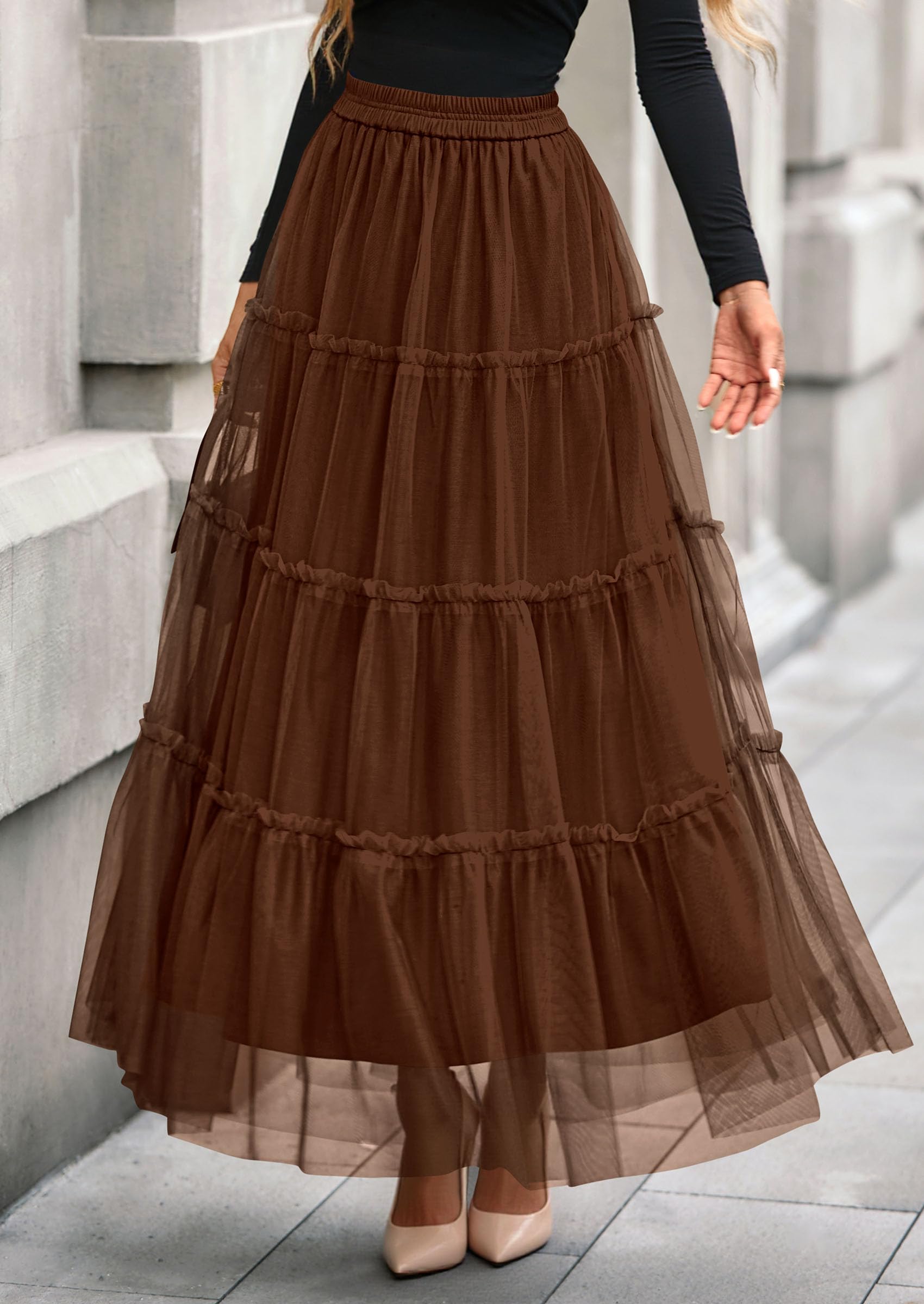 Women's Fall Soft Tulle Tiered Long Skirt,Brown,S