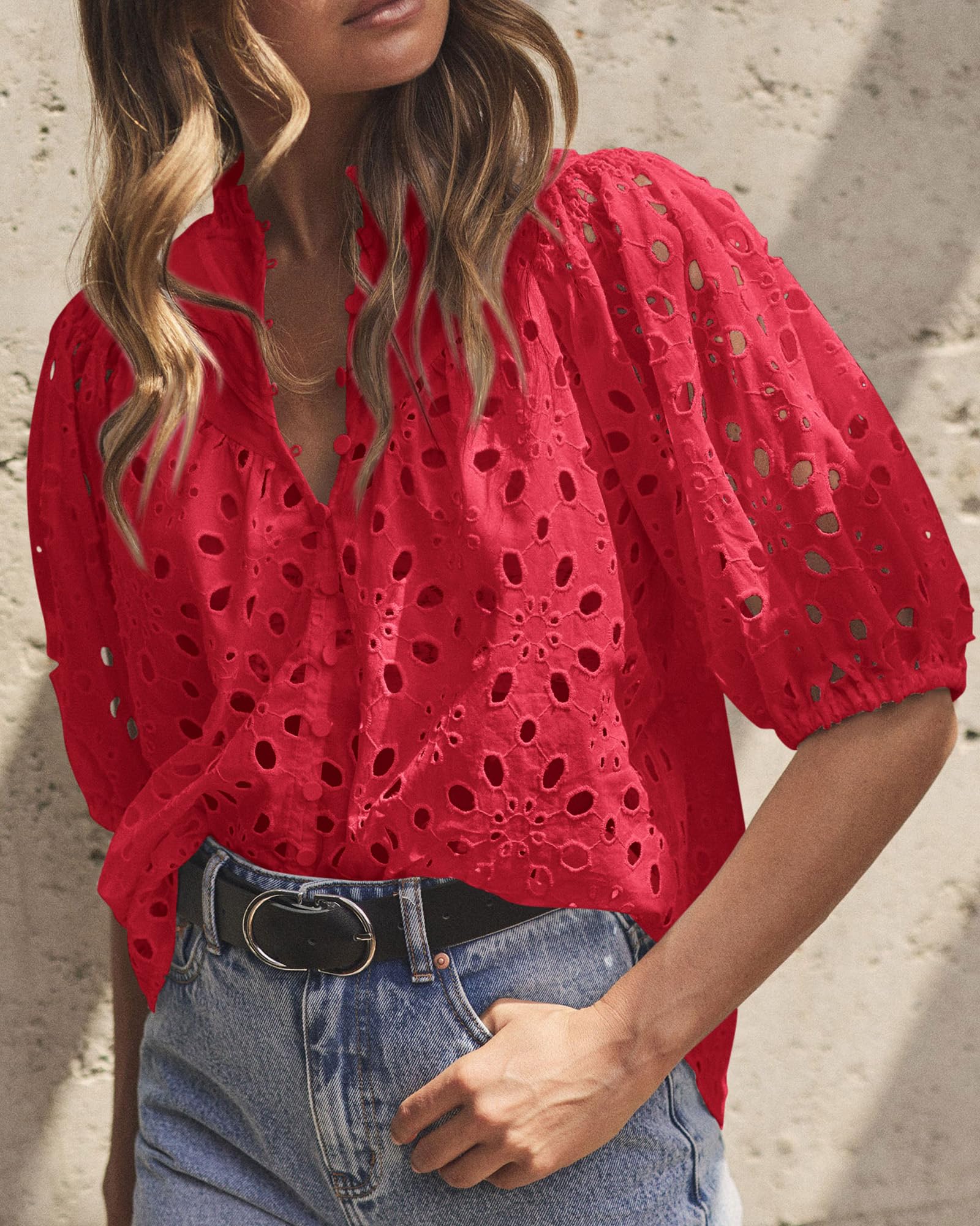 Womens Tops Boho Eyelet Puff Sleeve Blouse, Red,S