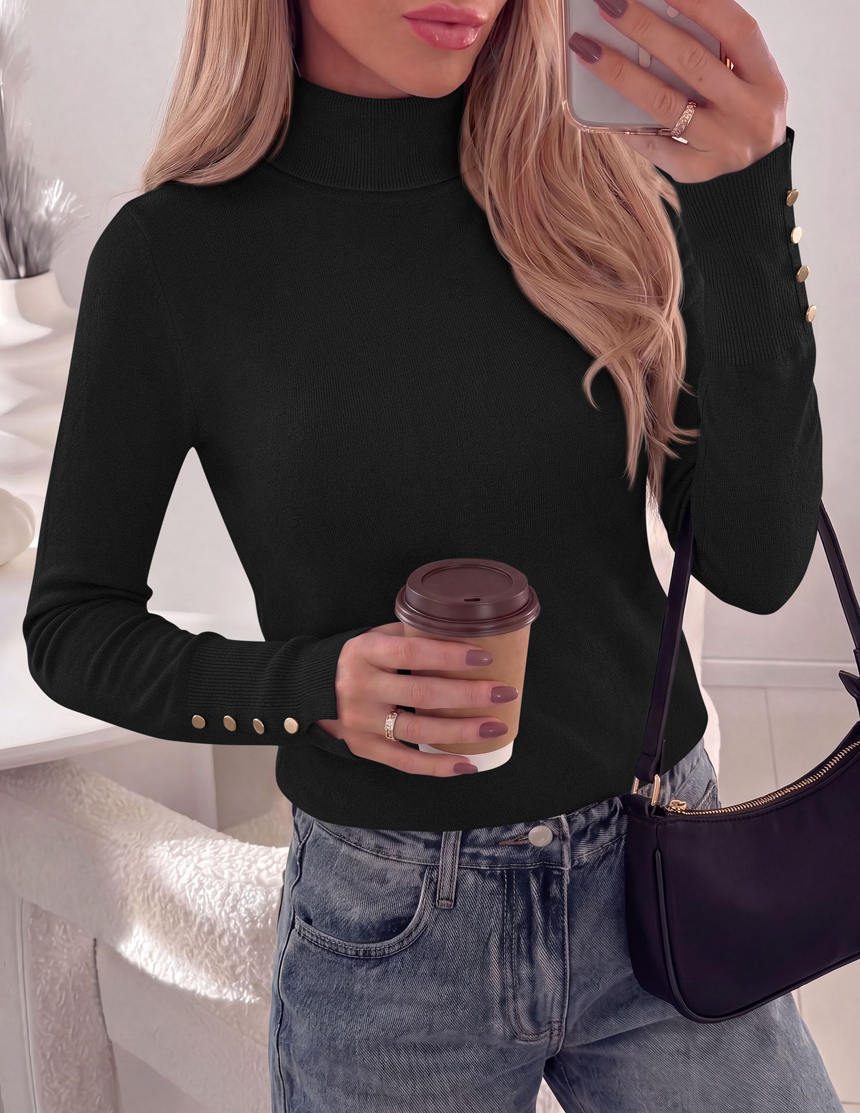 Women Turtleneck Sweaters Fall Long Sleeve Tops,Black,M