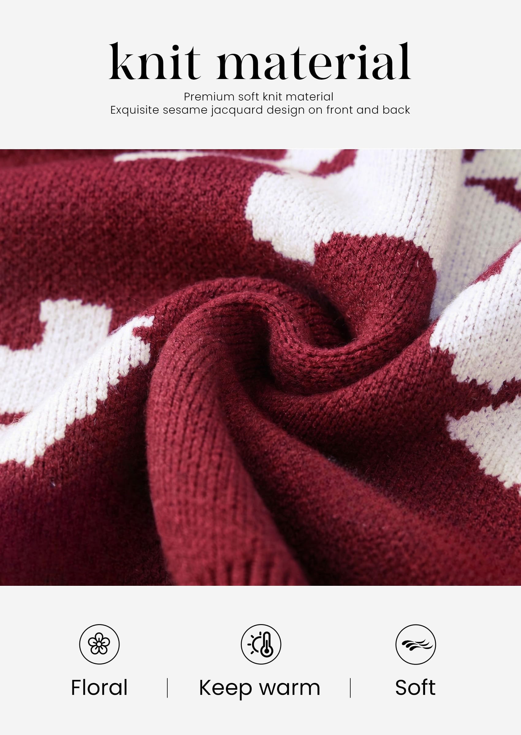 Womens Floral Sweater Crewneck Printed Pullover Tops Wine Red