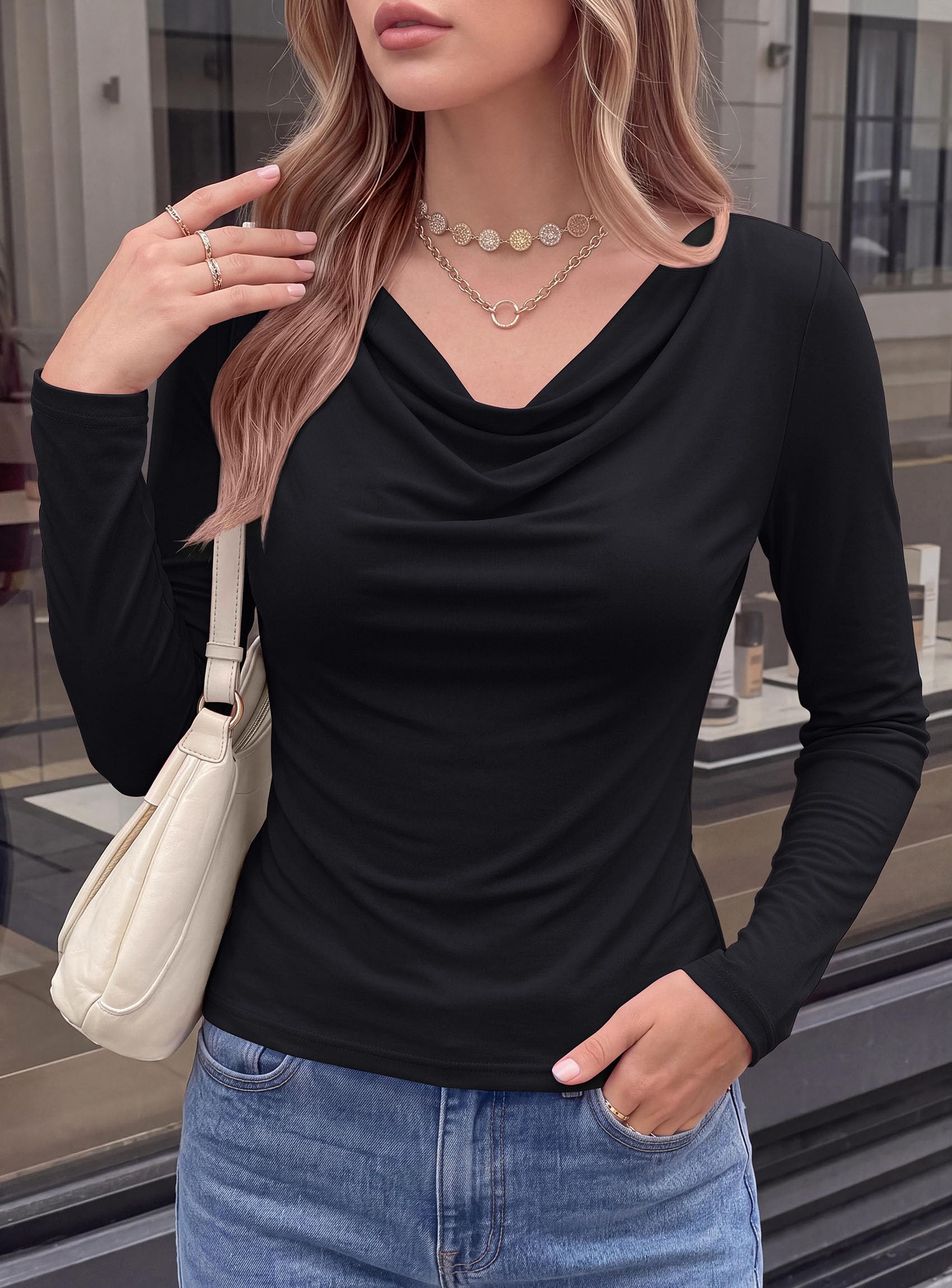 Cowl Neck Tops for Women Fashion Long Sleeve Shirt Black