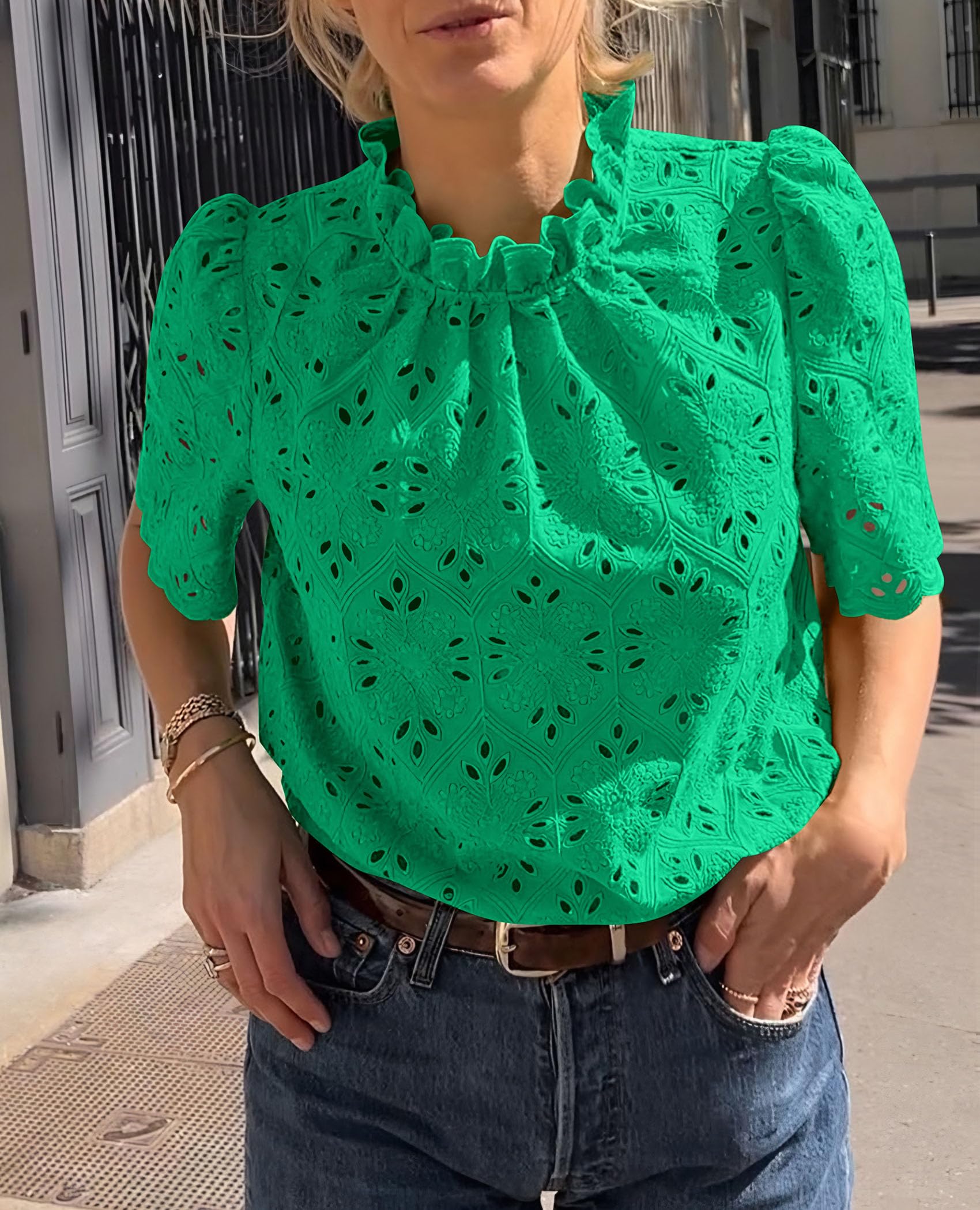 Women Summer Tops Eyelet Embroidered Shirts,Green,M