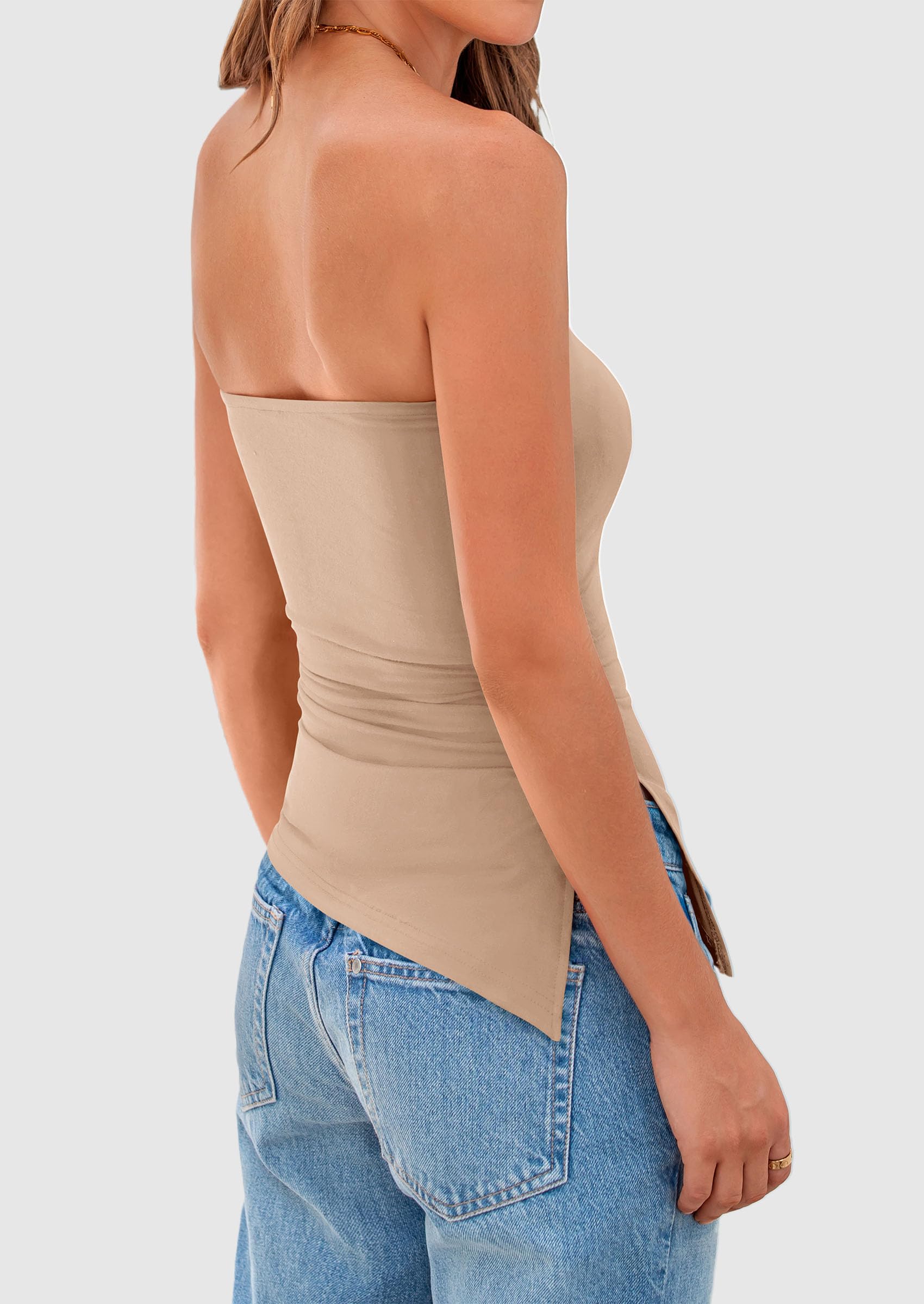 Women's Ruched Asymmetrical Strapless Tube Top, Apricot,S